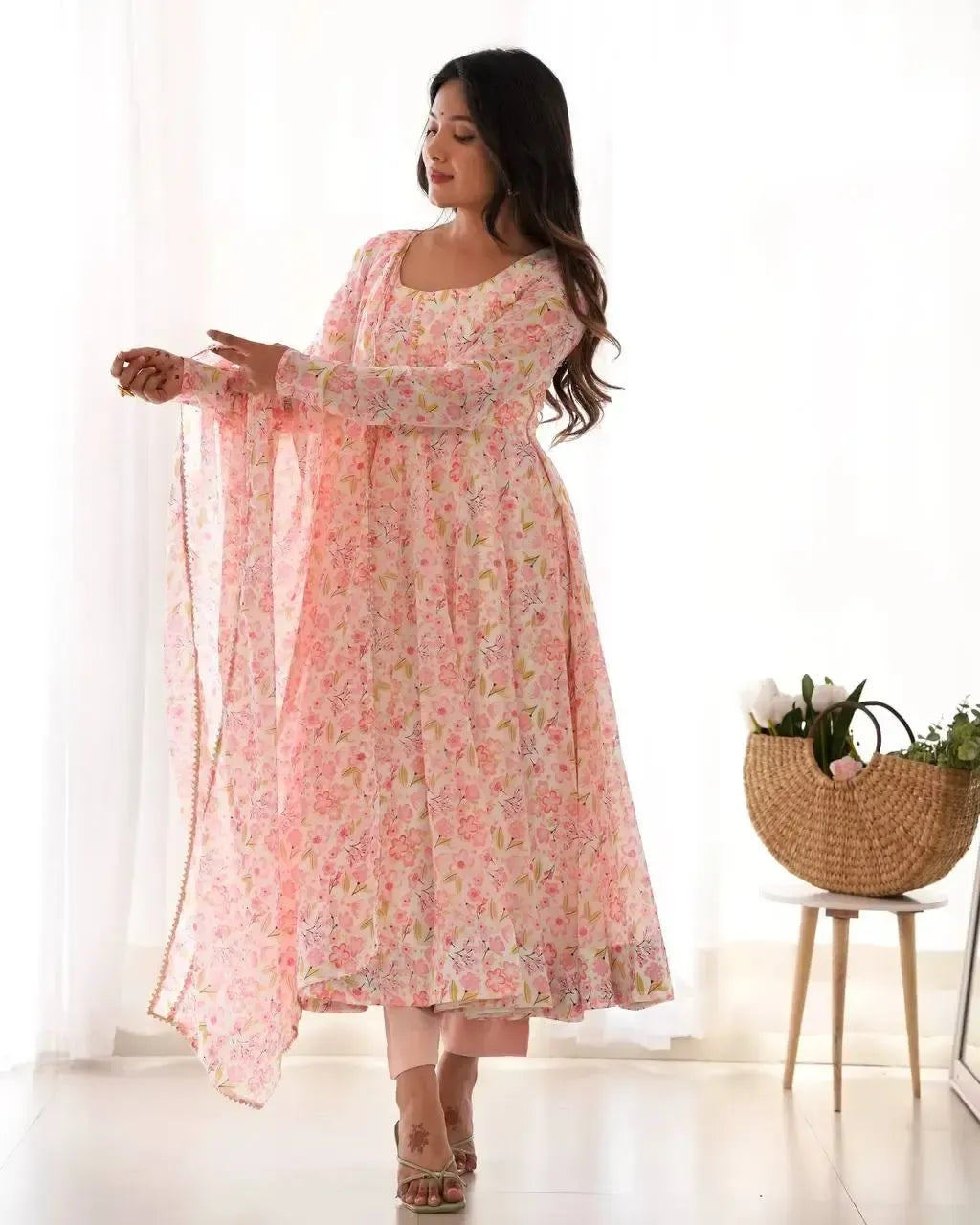 Floral Print Chiffon Anarkali Set with Dupatta and Pant – Fancy Neck & Potli Button Design