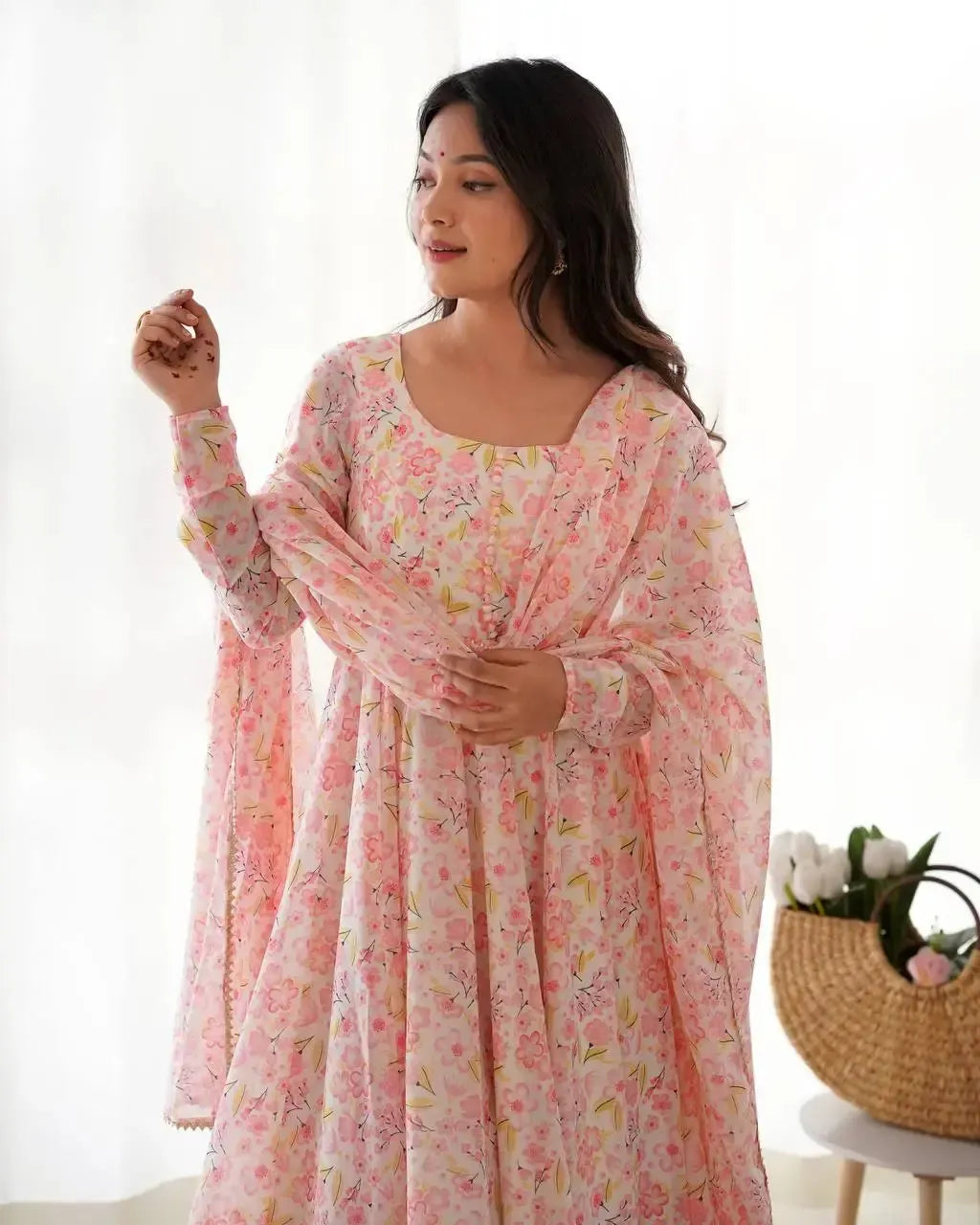 Floral Print Chiffon Anarkali Set with Dupatta and Pant – Fancy Neck & Potli Button Design
