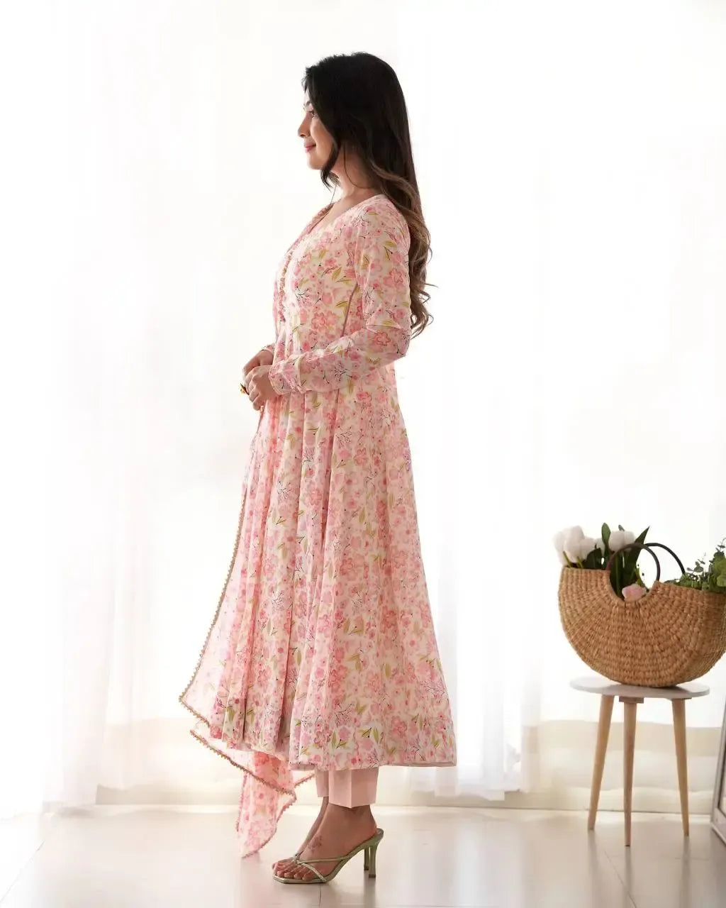Floral Print Chiffon Anarkali Set with Dupatta and Pant – Fancy Neck & Potli Button Design