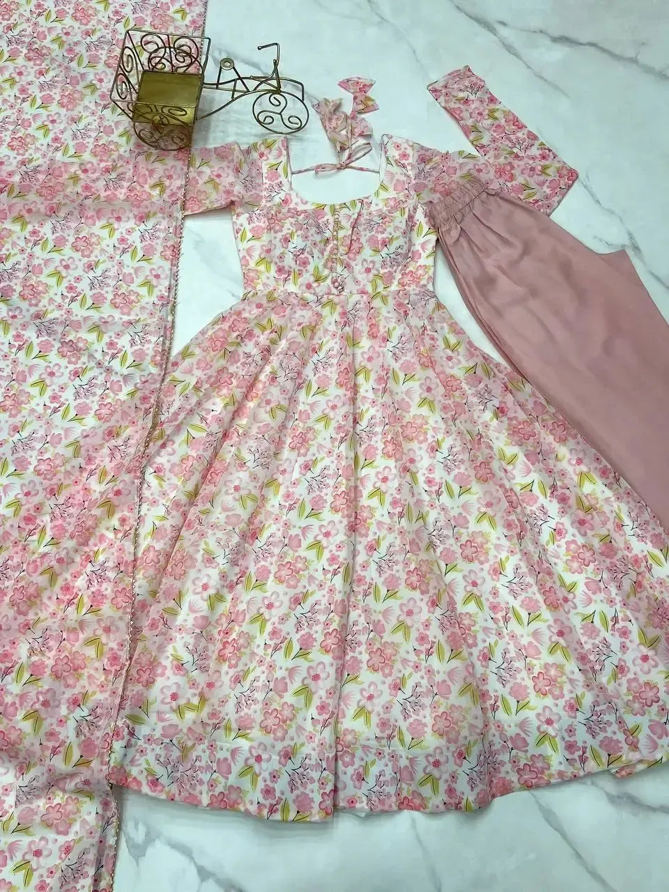 Floral Print Chiffon Anarkali Set with Dupatta and Pant – Fancy Neck & Potli Button Design