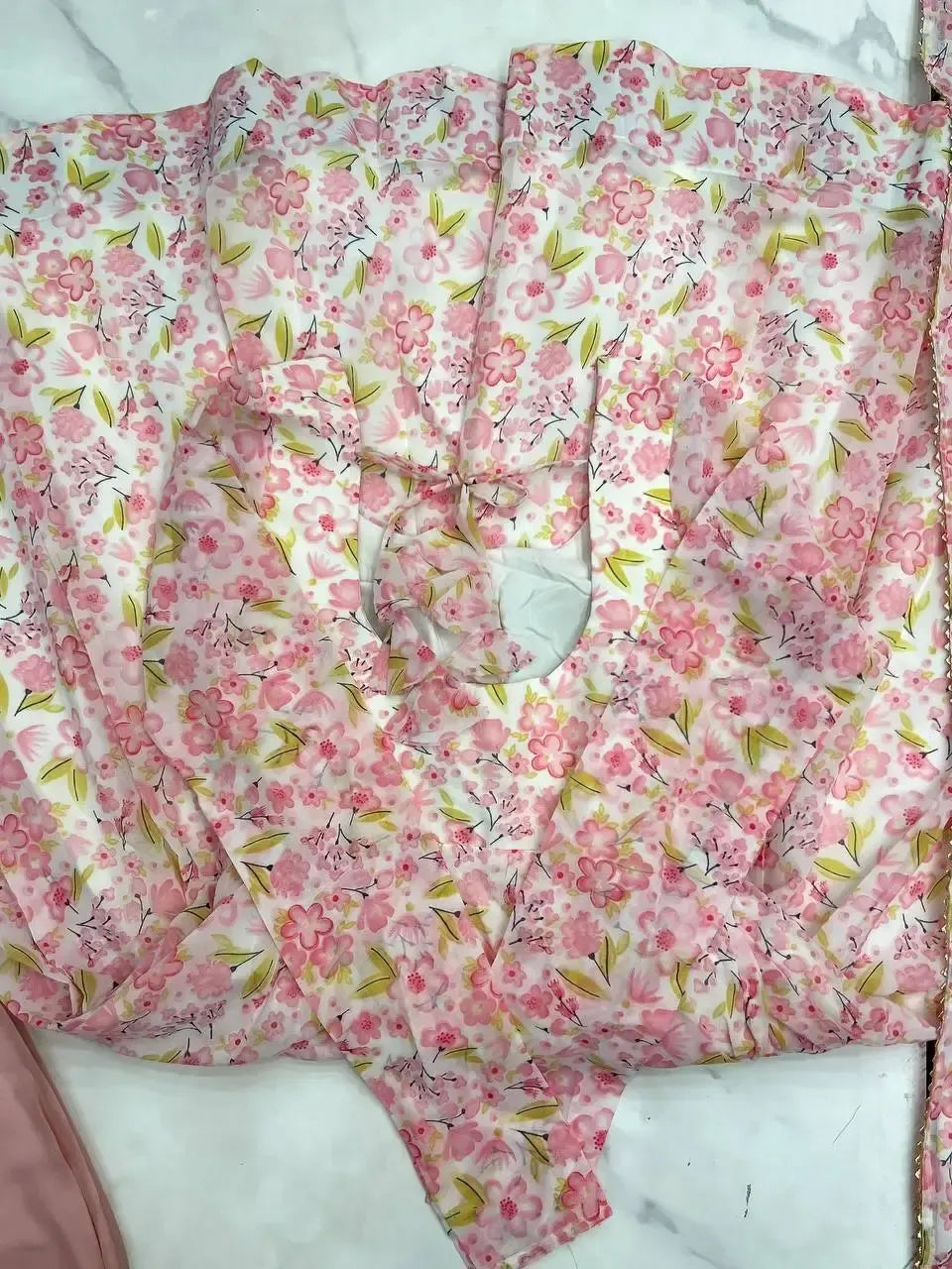 Floral Print Chiffon Anarkali Set with Dupatta and Pant – Fancy Neck & Potli Button Design