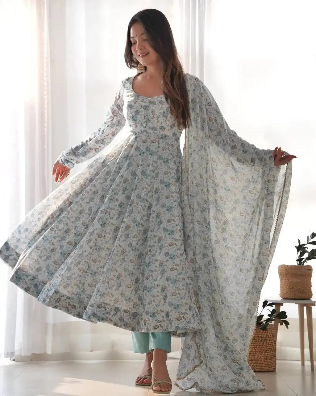 Floral Print Chiffon Anarkali Set with Dupatta and Pant – Fancy Neck & Potli Button Design