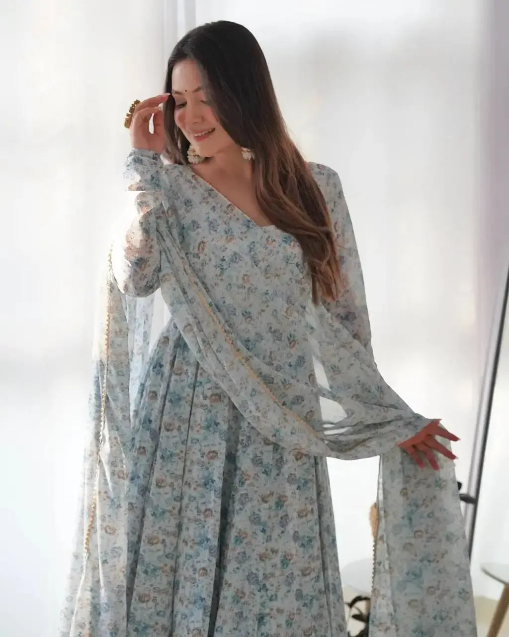 Floral Print Chiffon Anarkali Set with Dupatta and Pant – Fancy Neck & Potli Button Design