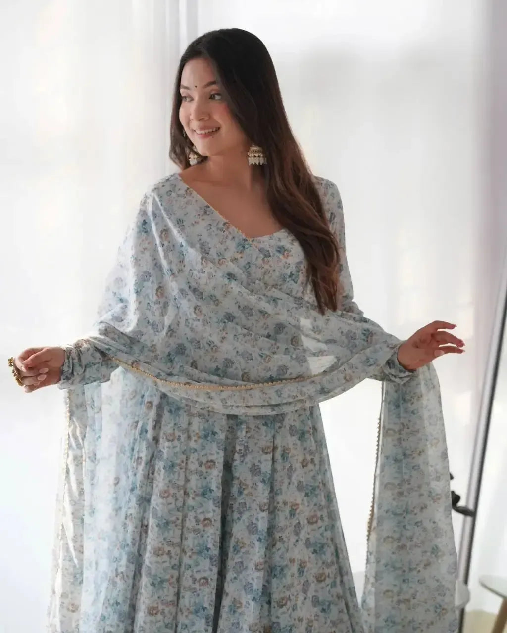 Floral Print Chiffon Anarkali Set with Dupatta and Pant – Fancy Neck & Potli Button Design
