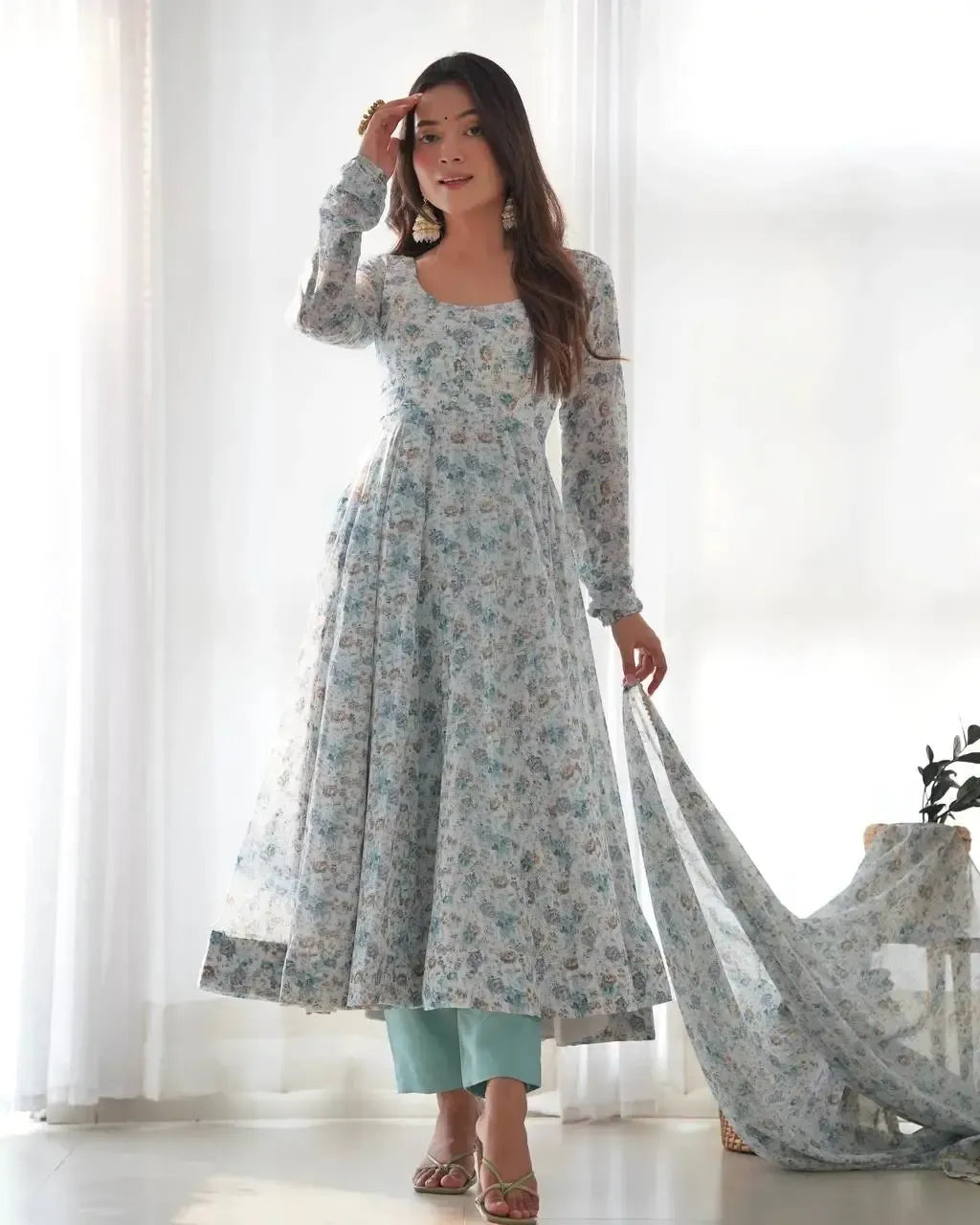 Floral Print Chiffon Anarkali Set with Dupatta and Pant – Fancy Neck & Potli Button Design