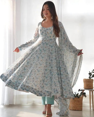 Floral Print Chiffon Anarkali Set with Dupatta and Pant – Fancy Neck & Potli Button Design