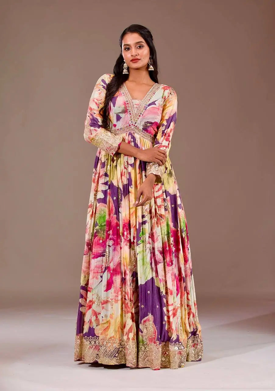 Floral Print Chinon Silk Anarkali Gown with Dupatta