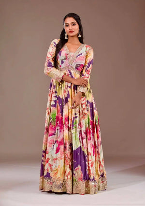 Floral Print Chinon Silk Anarkali Gown with Dupatta