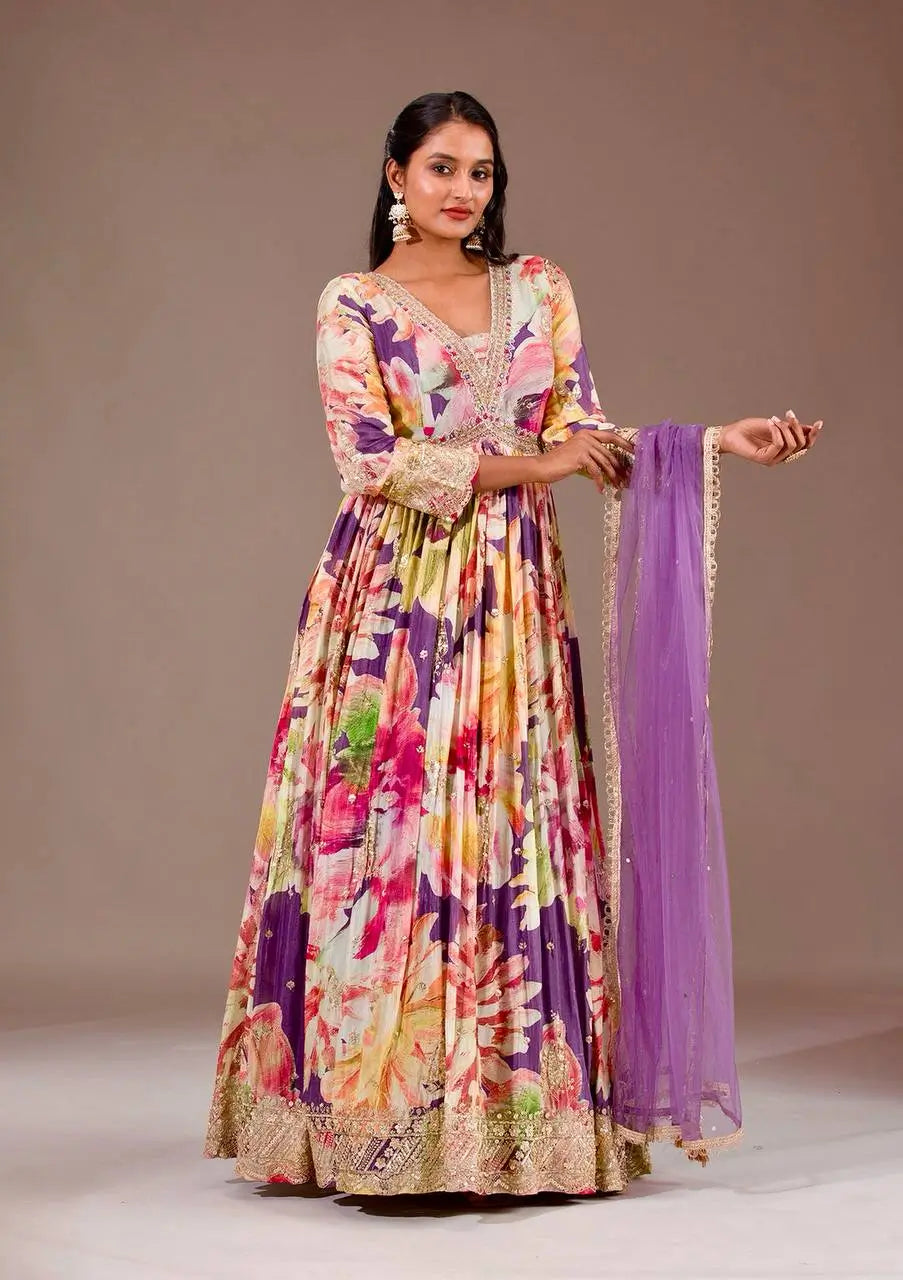 Floral Print Chinon Silk Anarkali Gown with Dupatta