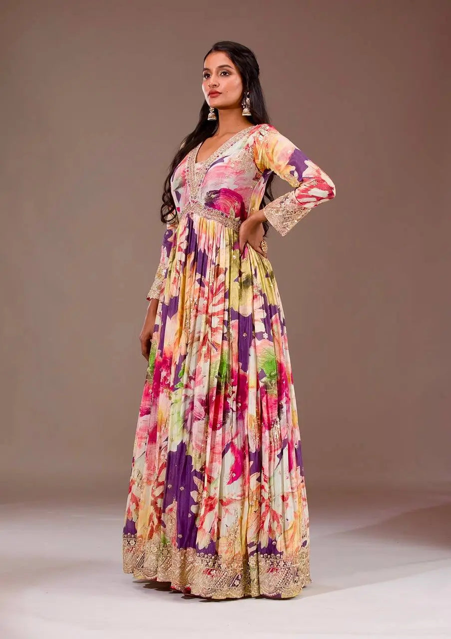 Floral Print Chinon Silk Anarkali Gown with Dupatta