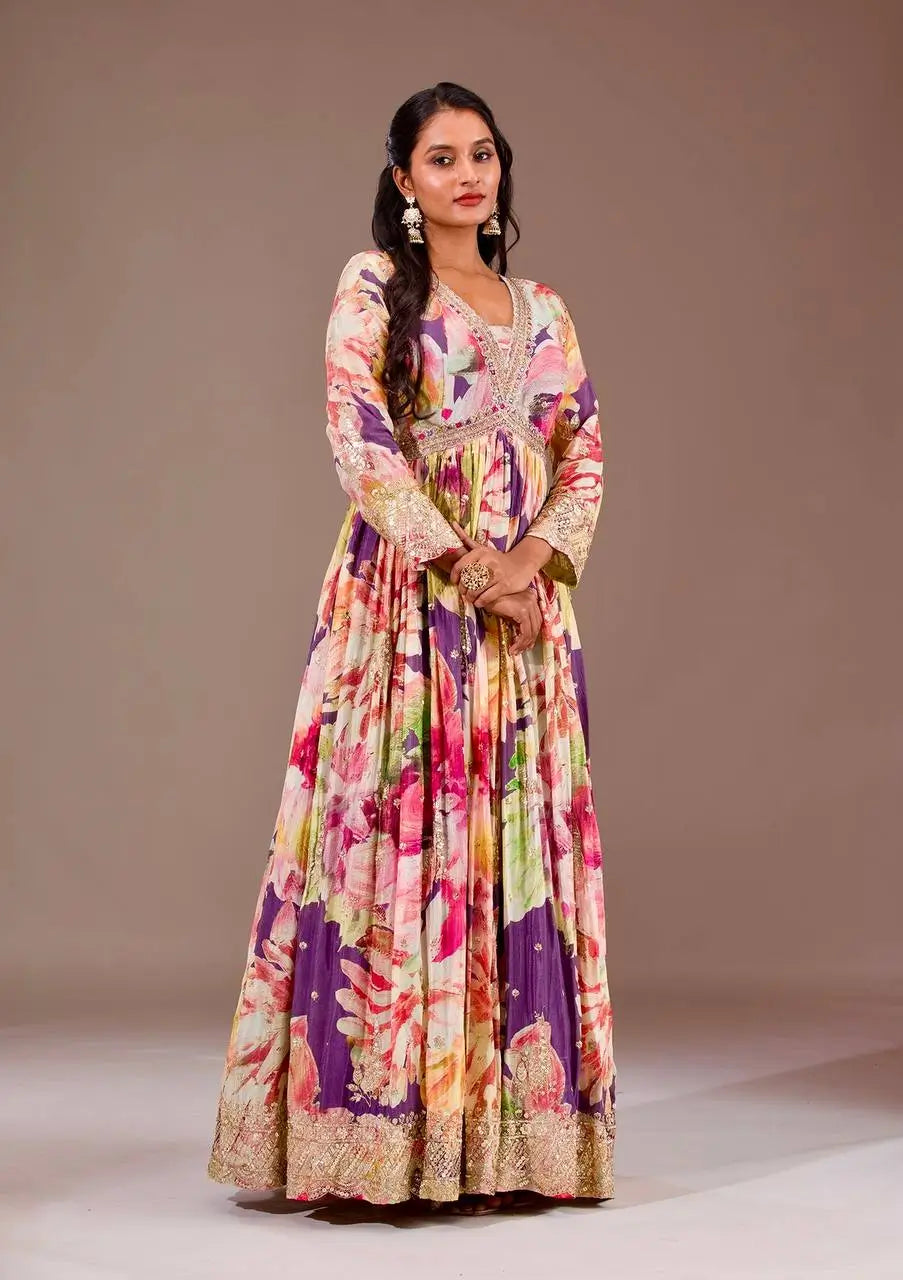 Floral Print Chinon Silk Anarkali Gown with Dupatta