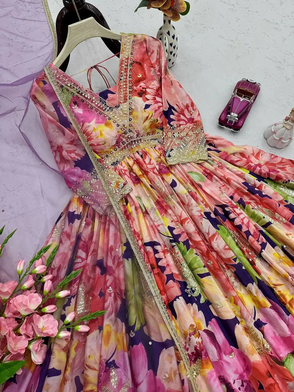 Floral Print Chinon Silk Anarkali Gown with Dupatta