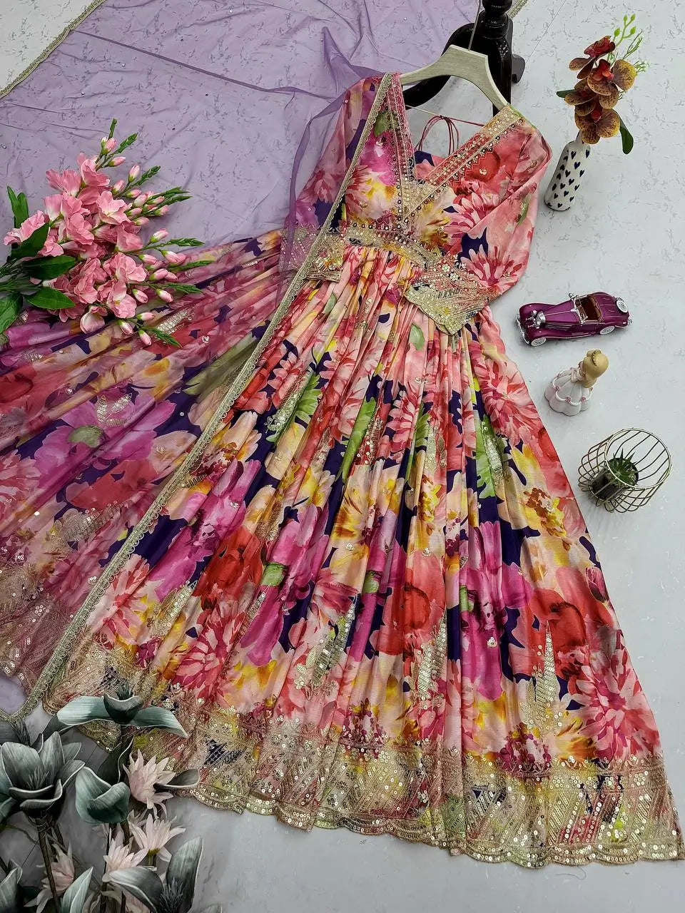 Floral Print Chinon Silk Anarkali Gown with Dupatta