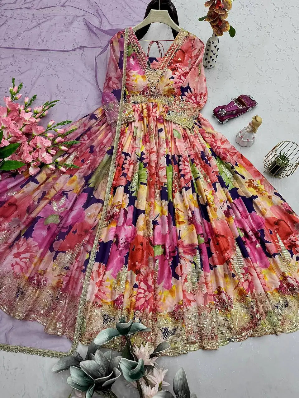 Floral Print Chinon Silk Anarkali Gown with Dupatta