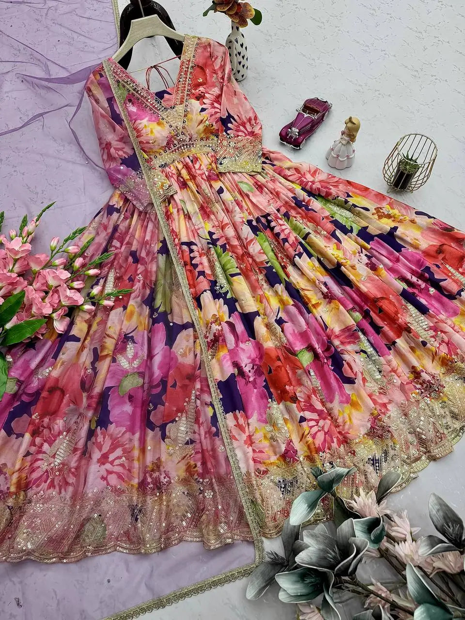 Floral Print Chinon Silk Anarkali Gown with Dupatta