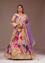 Floral Print Chinon Silk Anarkali Gown with Dupatta
