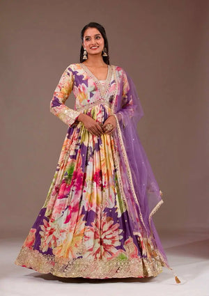 Floral Print Chinon Silk Anarkali Gown with Dupatta