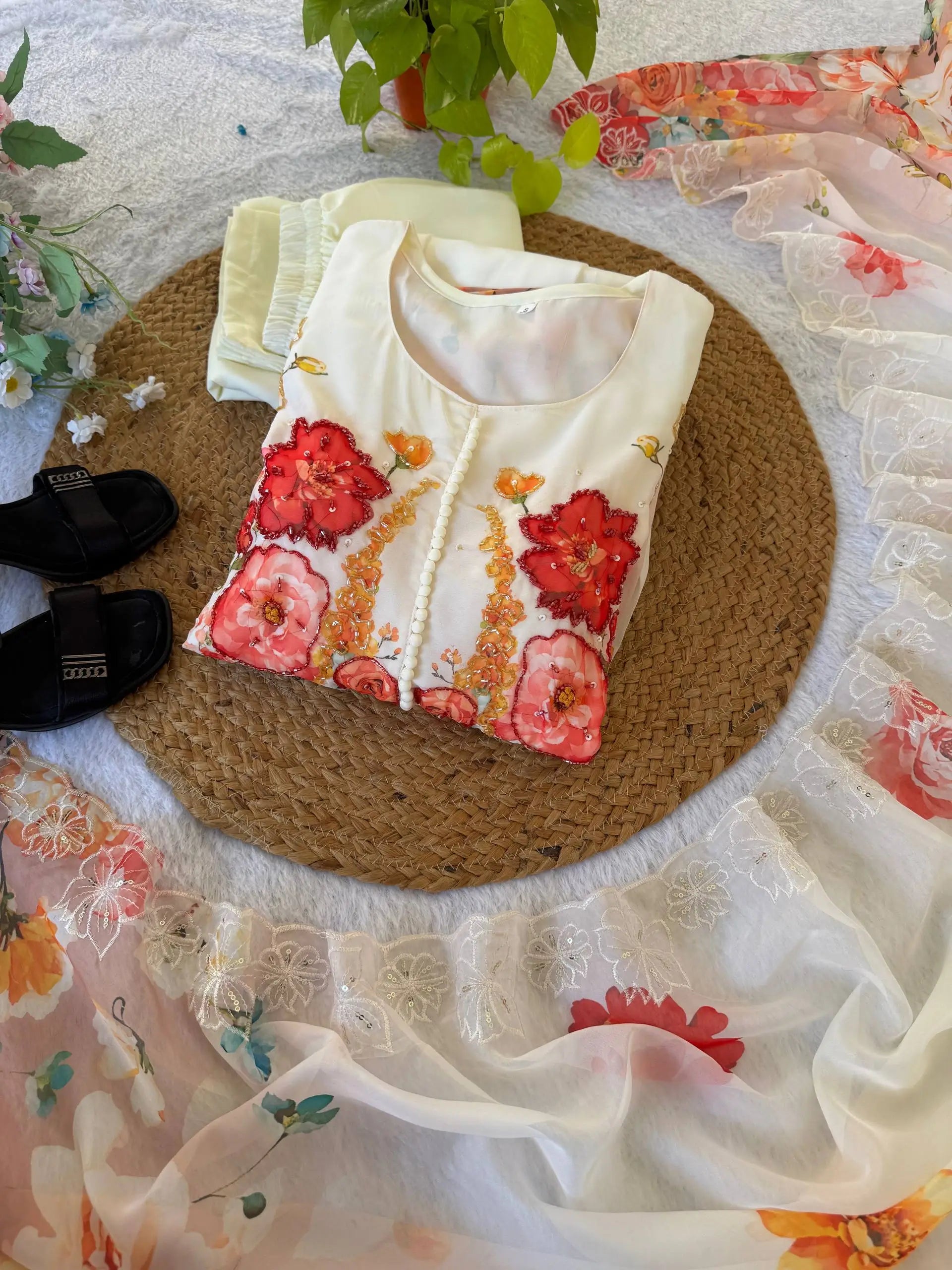 Floral Print Fox Georgette Gown Set with Dupatta and Pant