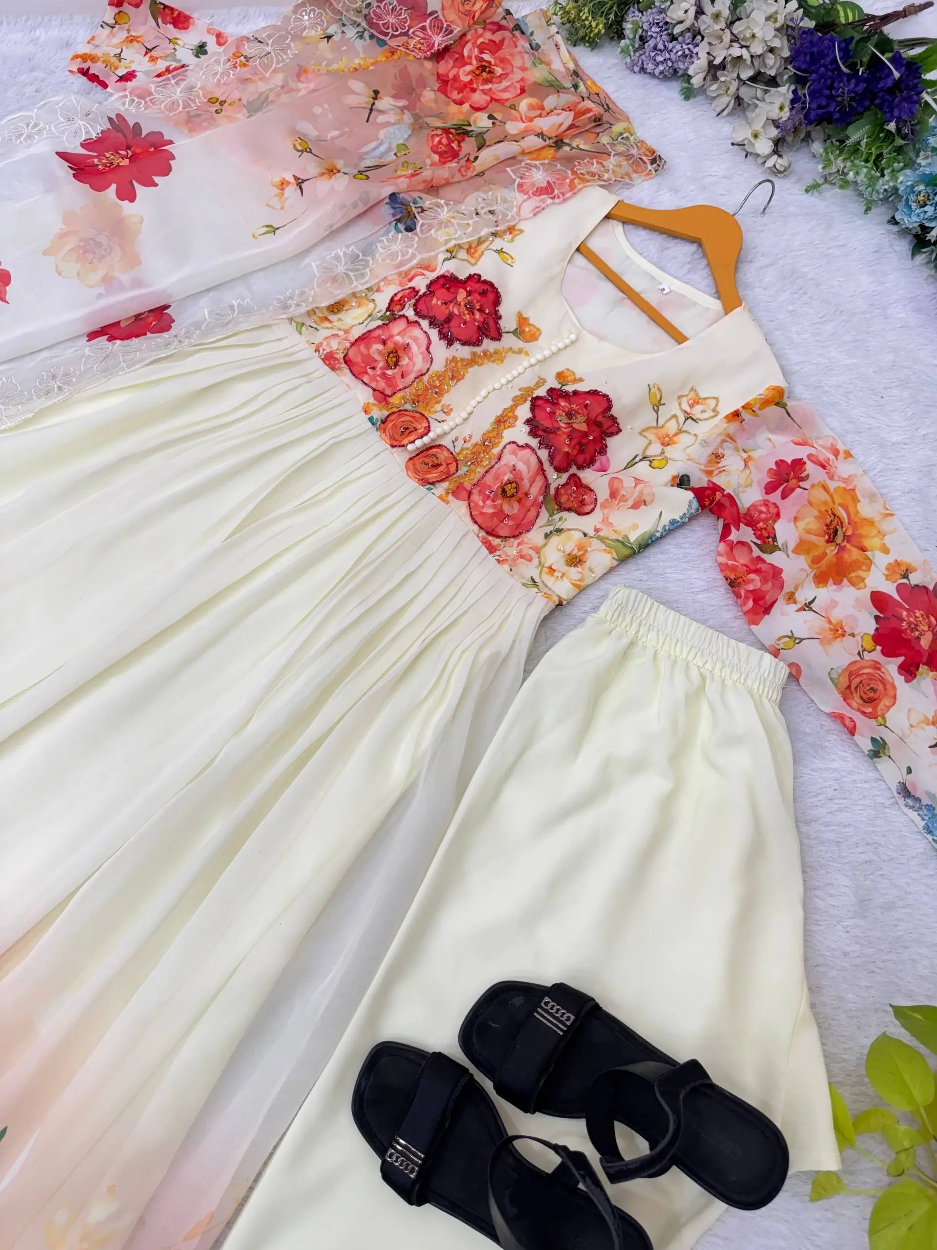 Floral Print Fox Georgette Gown Set with Dupatta and Pant