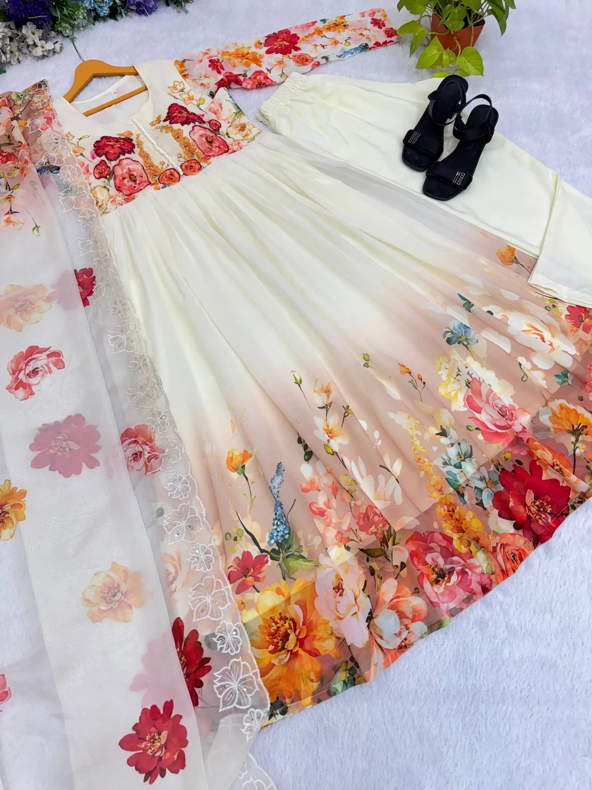 Floral Print Fox Georgette Gown Set with Dupatta and Pant