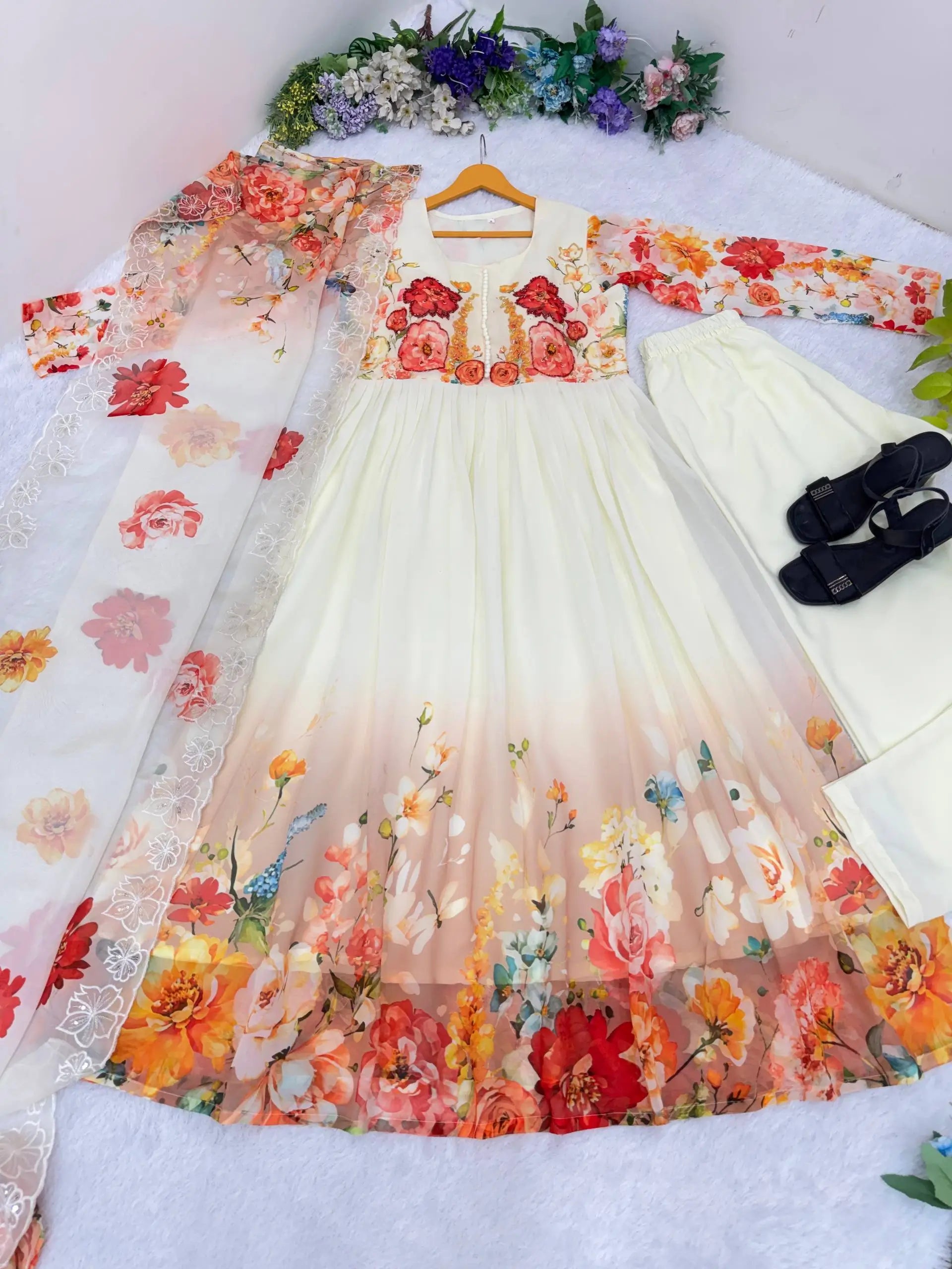 Floral Print Fox Georgette Gown Set with Dupatta and Pant