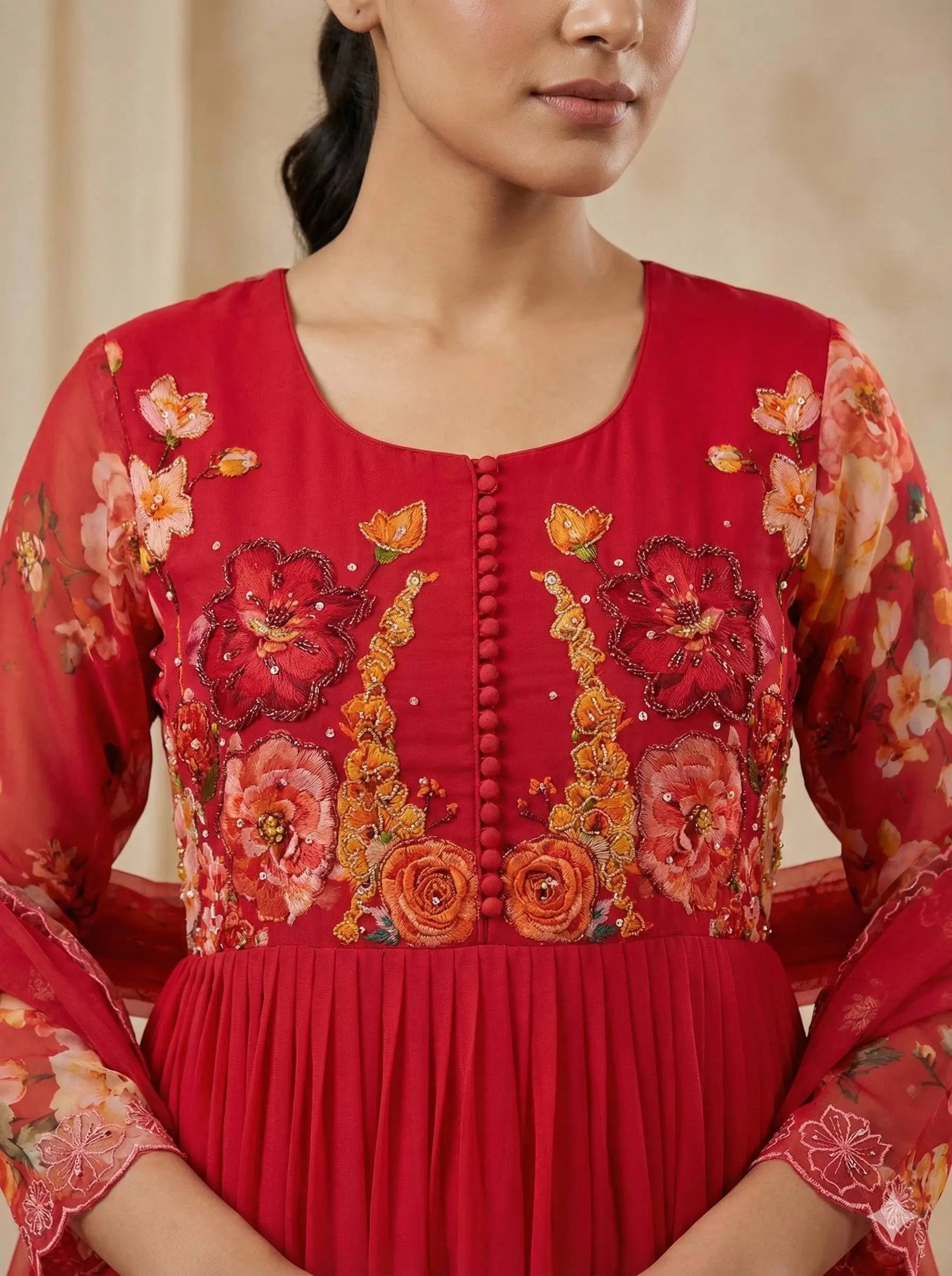 Floral Print Fox Georgette Gown Set with Dupatta and Pant