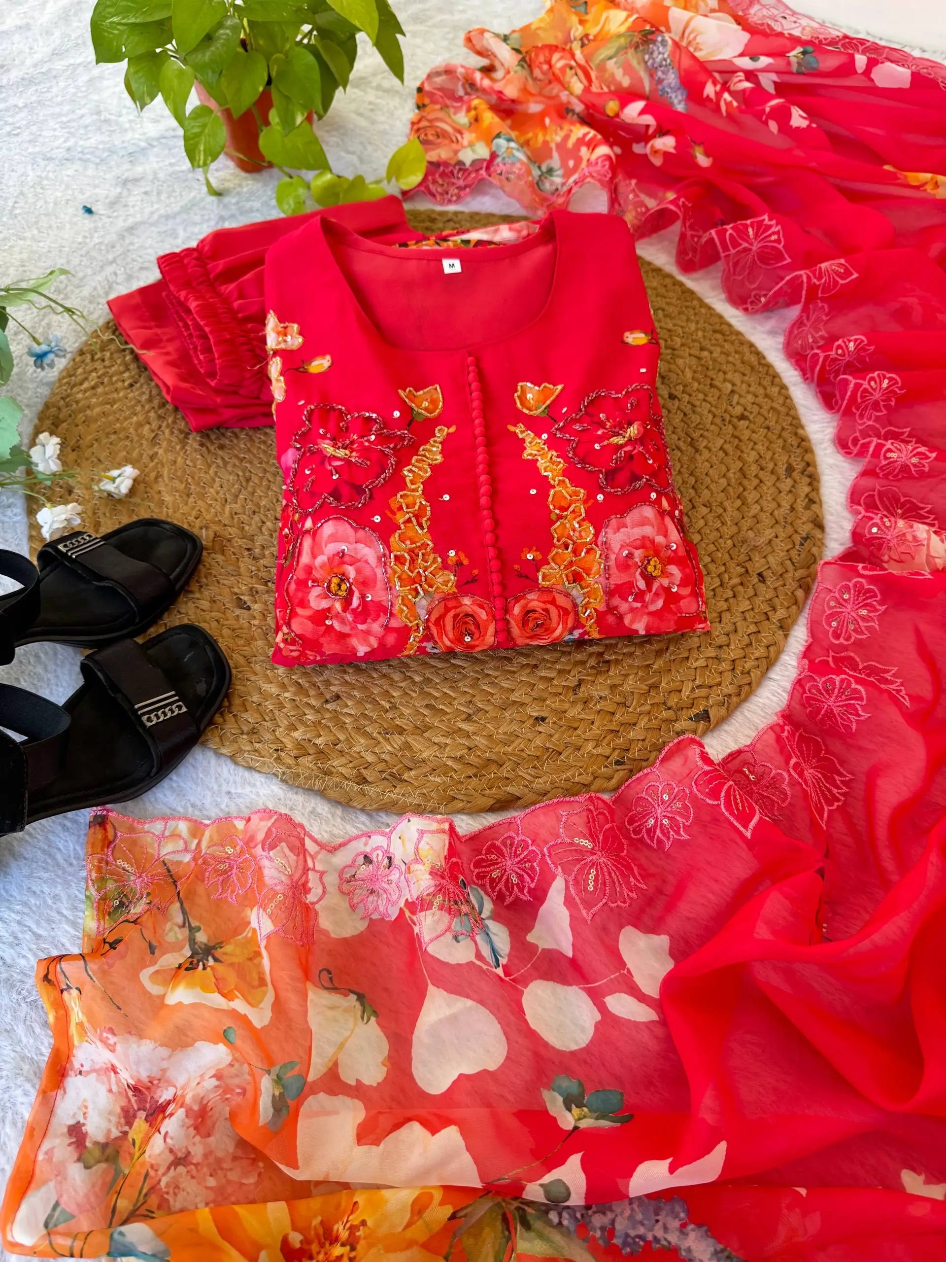 Floral Print Fox Georgette Gown Set with Dupatta and Pant