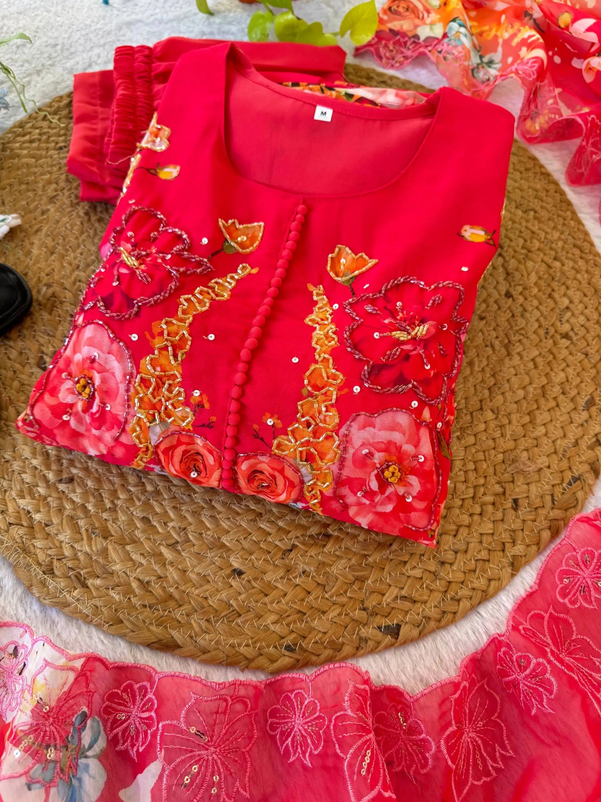 Floral Print Fox Georgette Gown Set with Dupatta and Pant