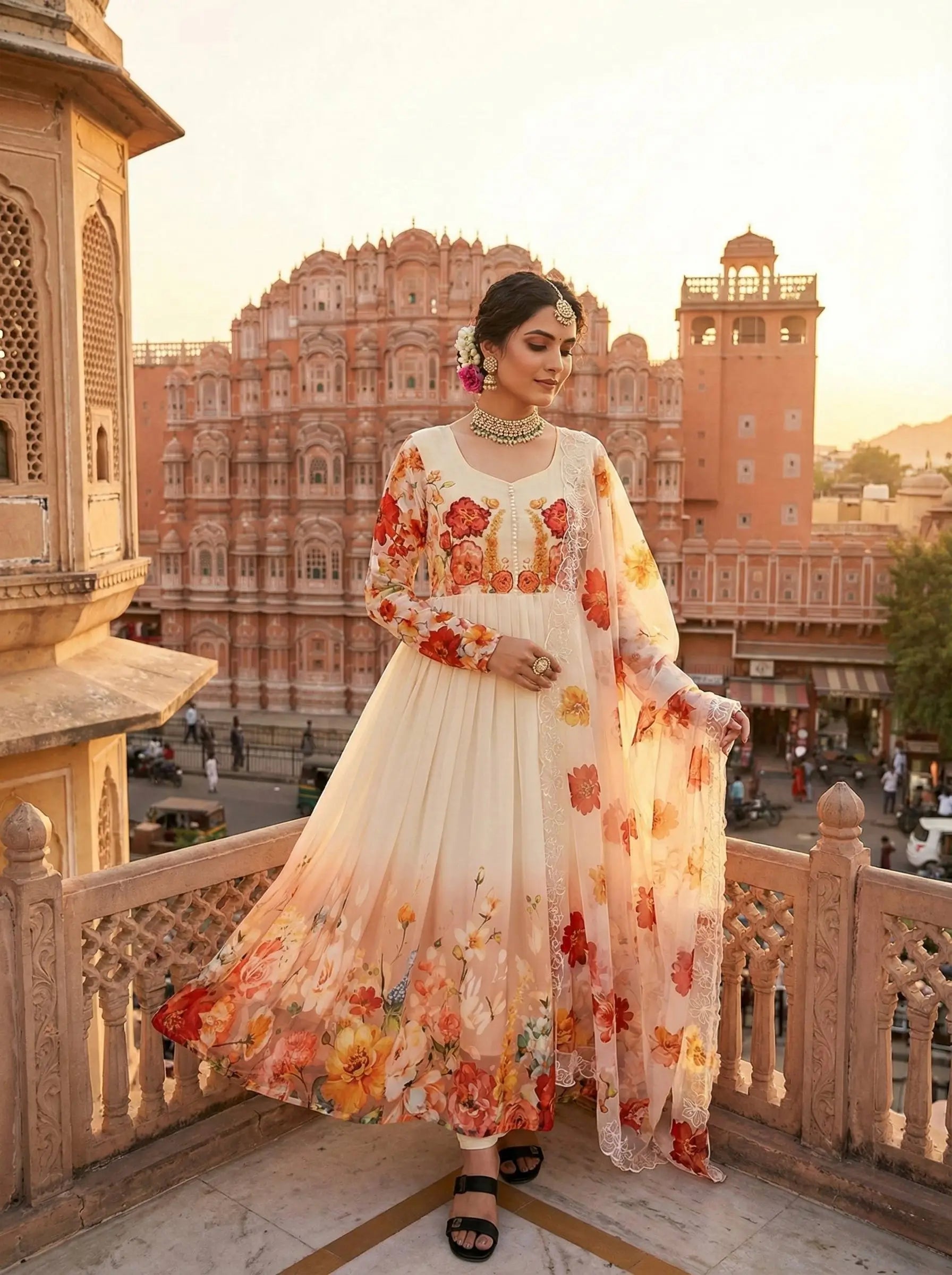 Floral Print Fox Georgette Gown Set with Dupatta and Pant