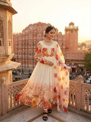 Floral Print Fox Georgette Gown Set with Dupatta and Pant
