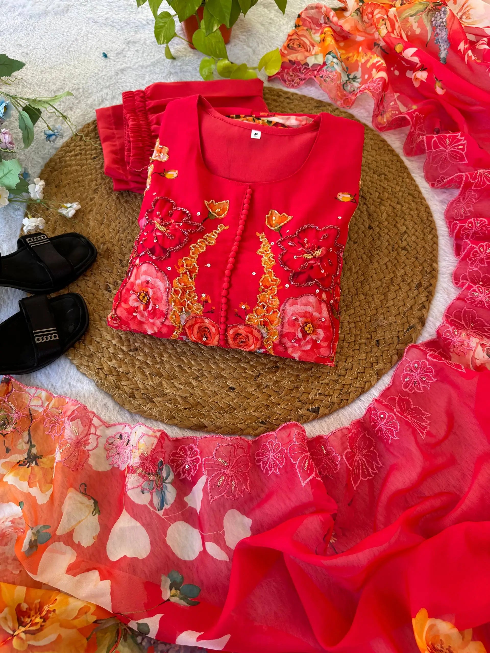 Floral Print Fox Georgette Gown Set with Dupatta and Pant