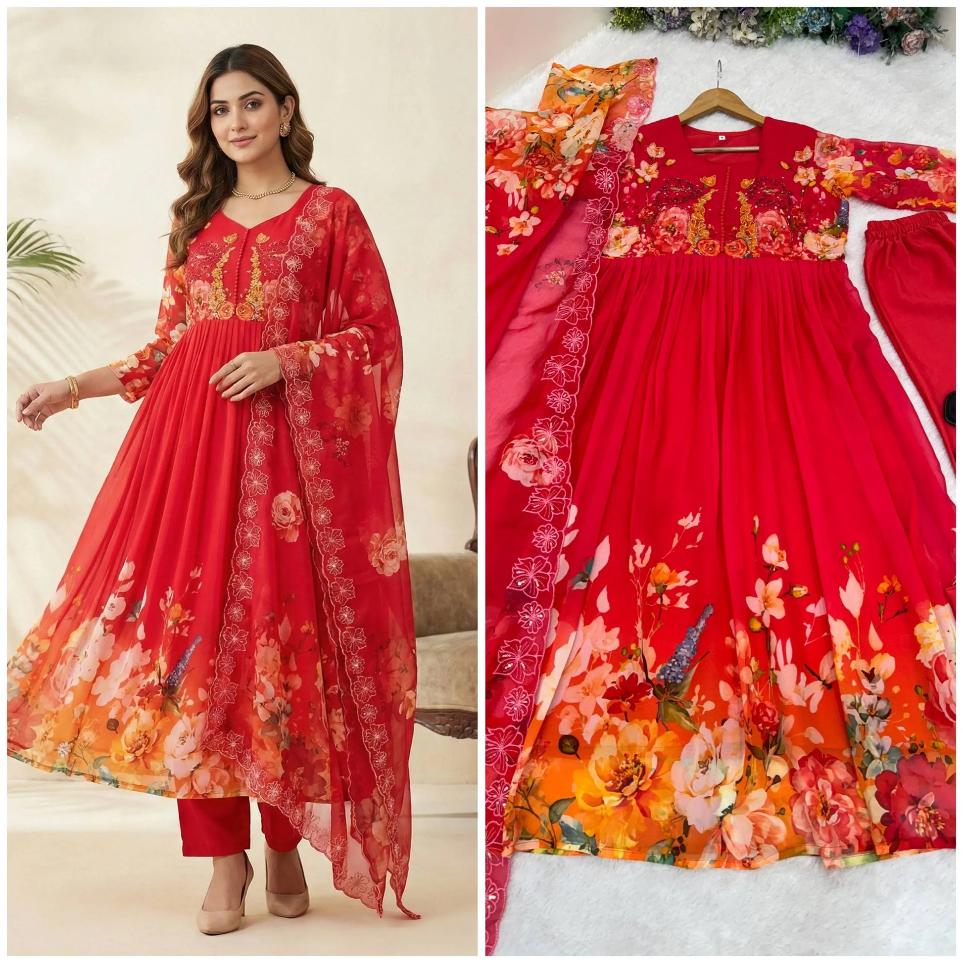 Floral Print Fox Georgette Gown Set with Dupatta and Pant