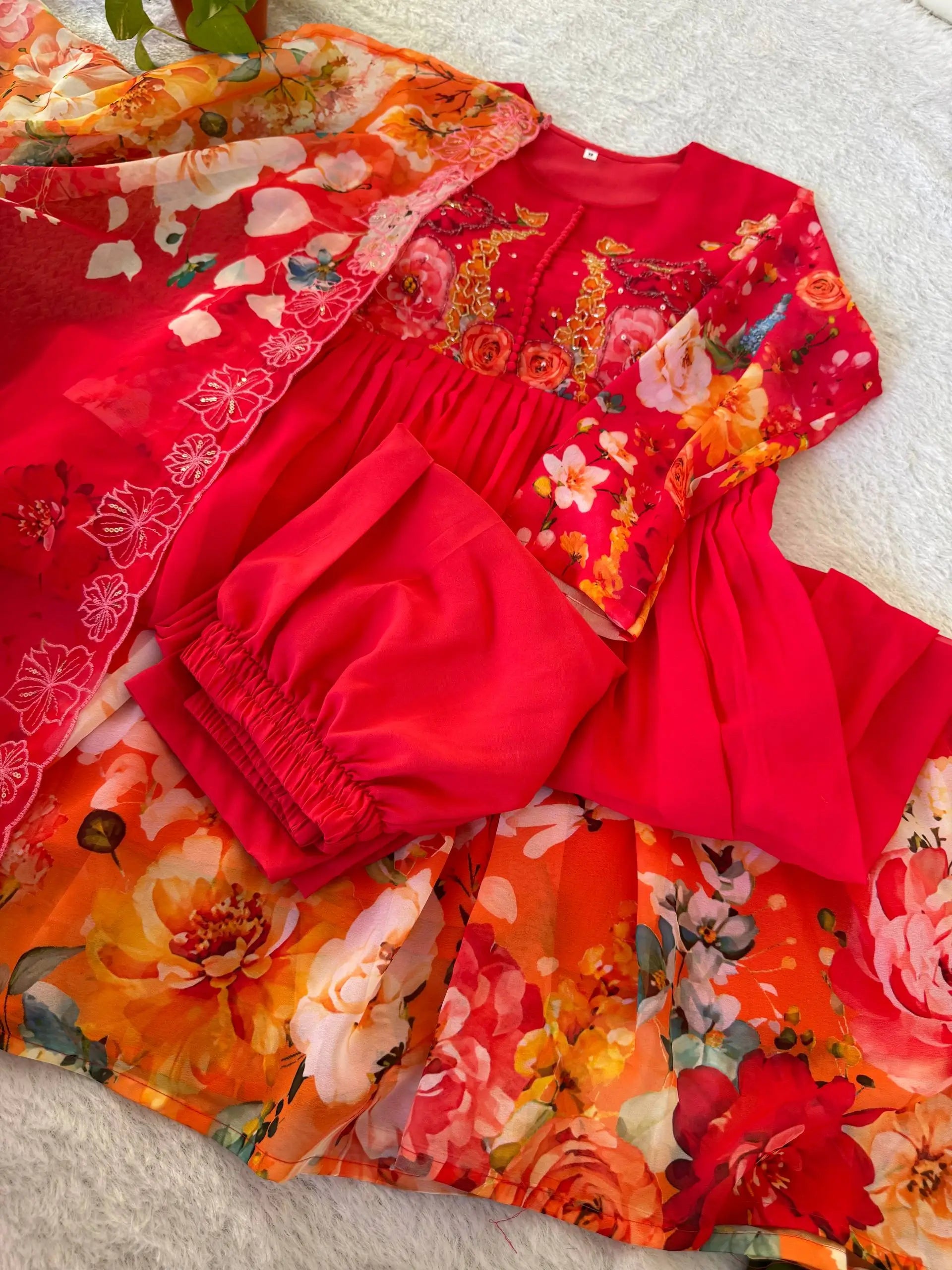 Floral Print Fox Georgette Gown Set with Dupatta and Pant