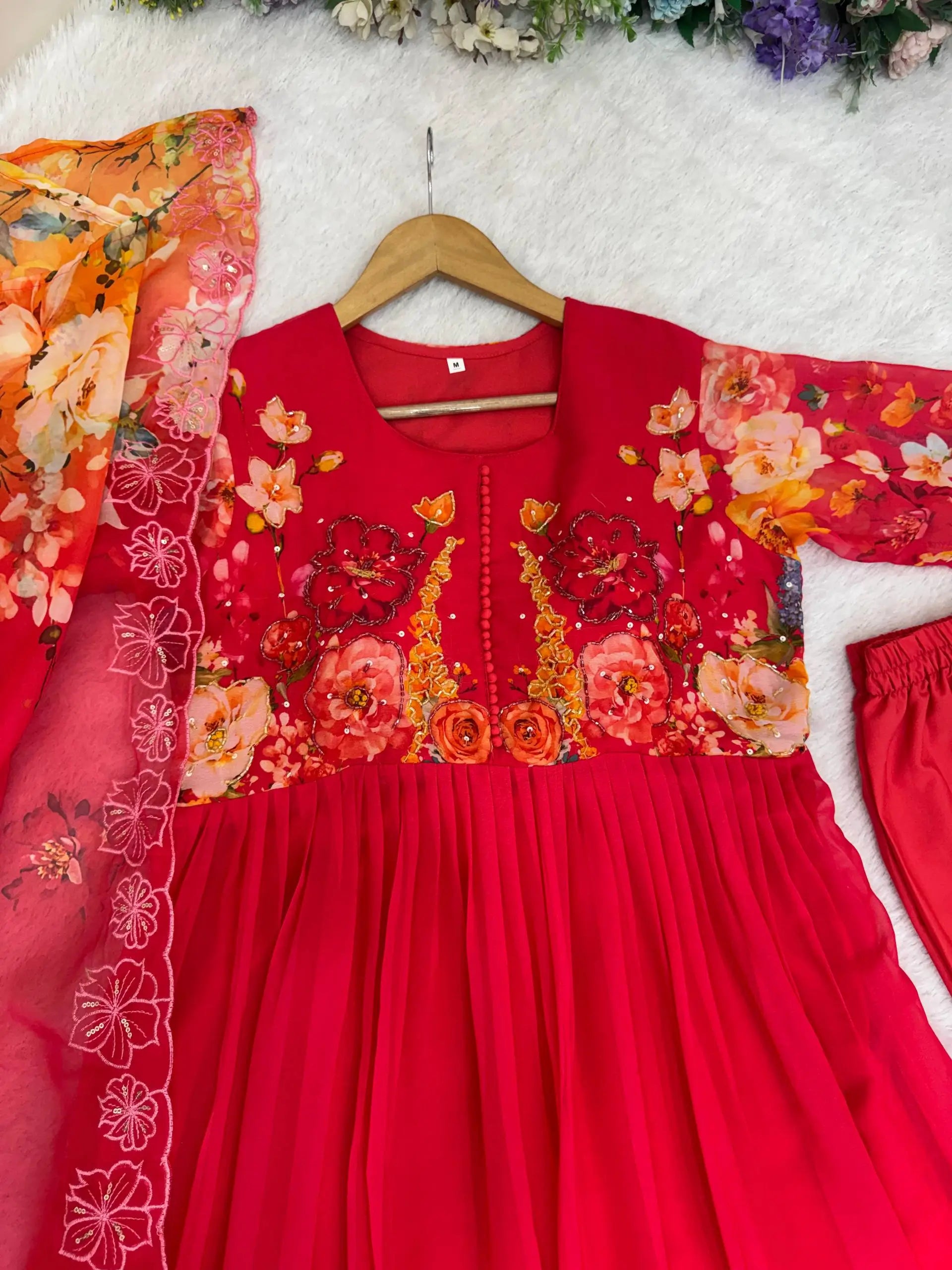 Floral Print Fox Georgette Gown Set with Dupatta and Pant