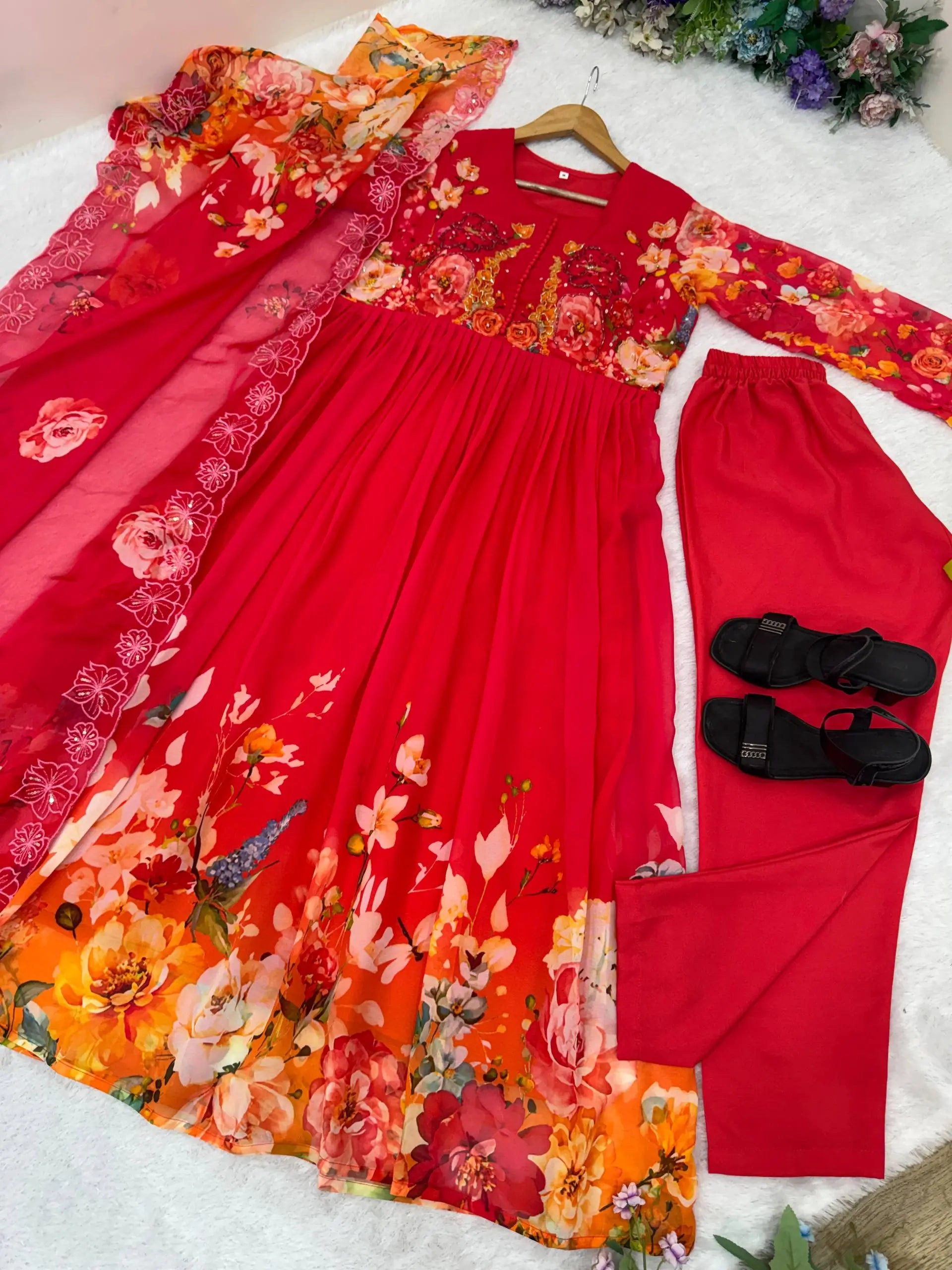 Floral Print Fox Georgette Gown Set with Dupatta and Pant