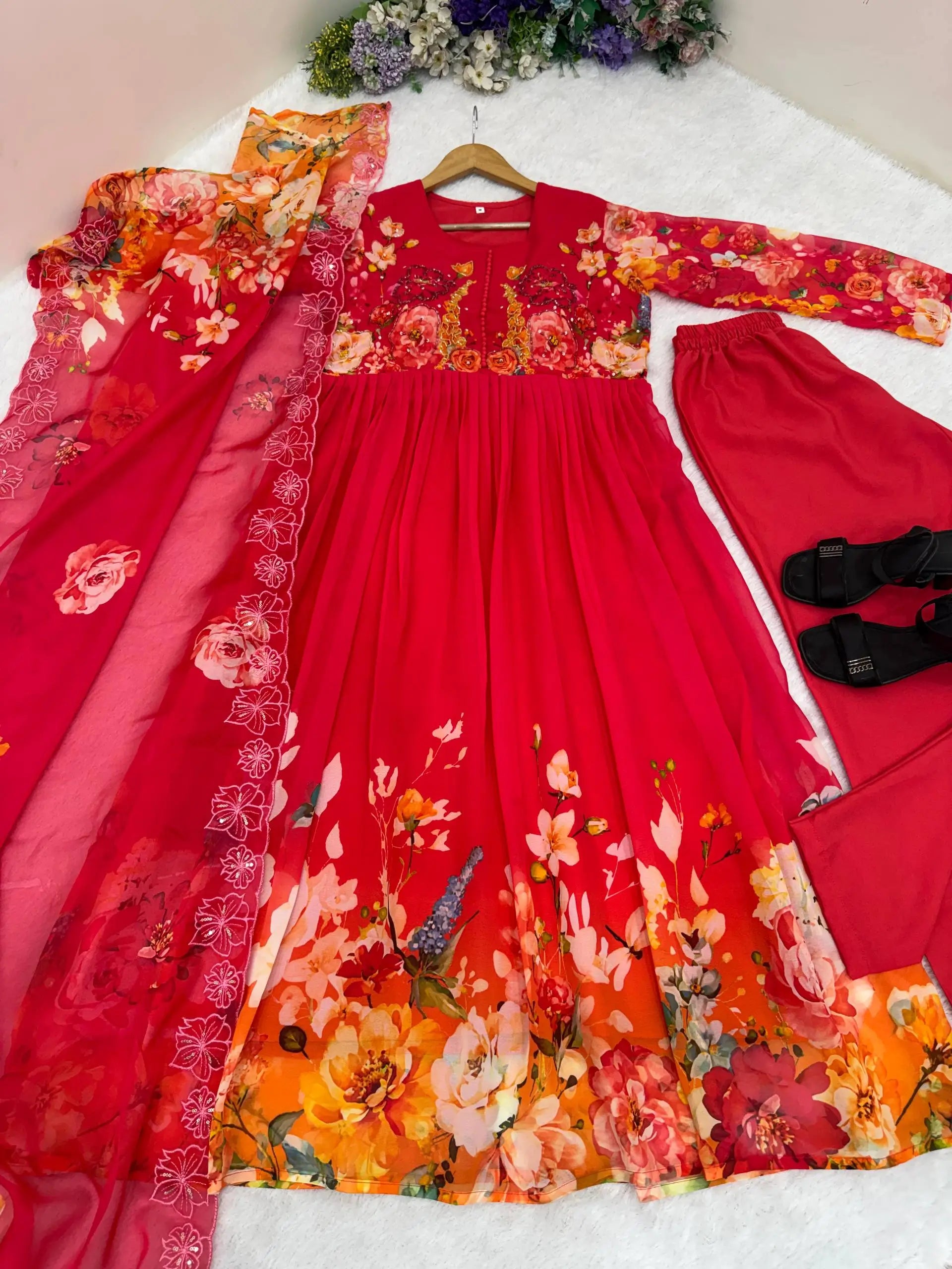 Floral Print Fox Georgette Gown Set with Dupatta and Pant