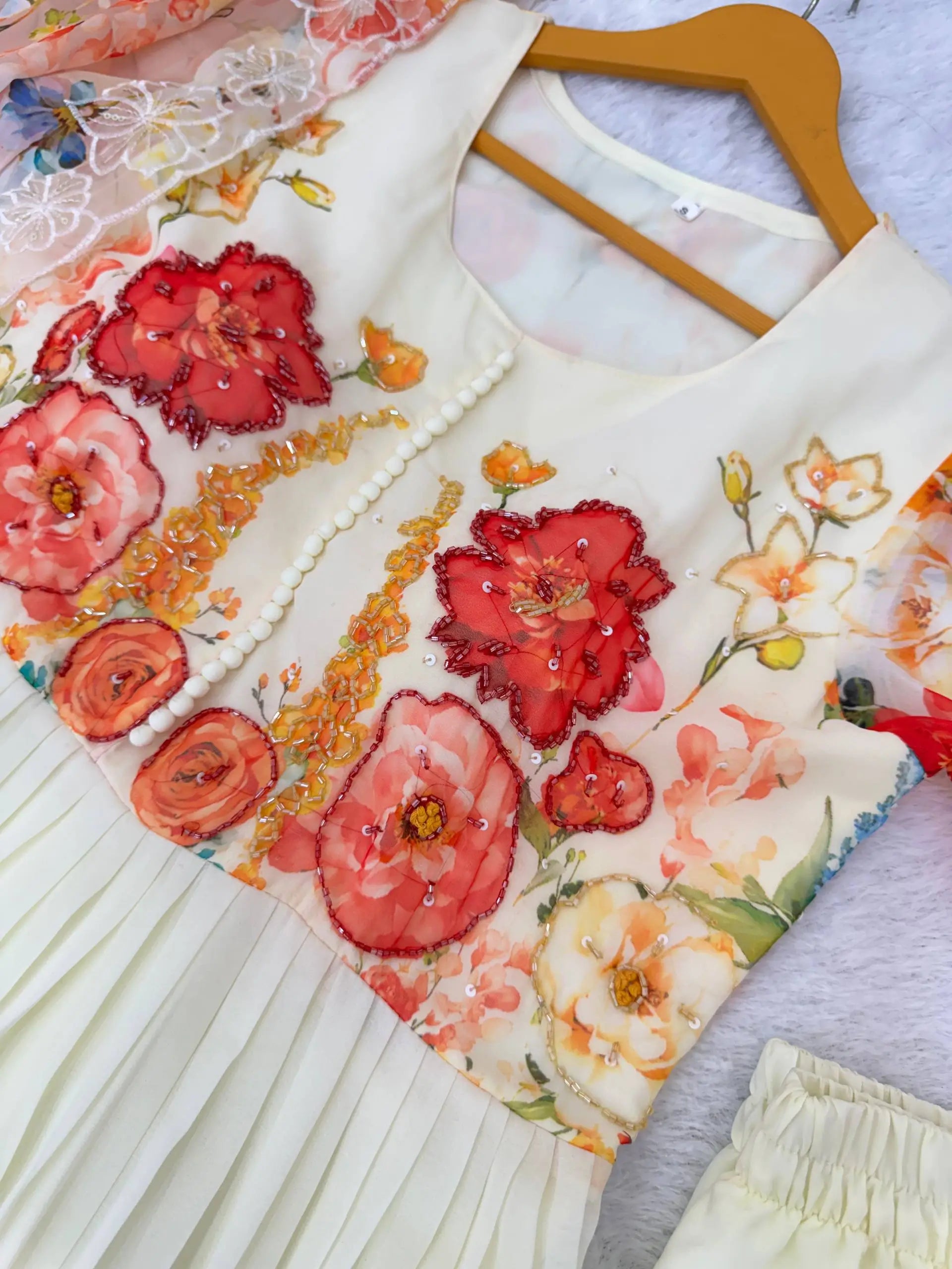 Floral Print Fox Georgette Gown Set with Dupatta and Pant