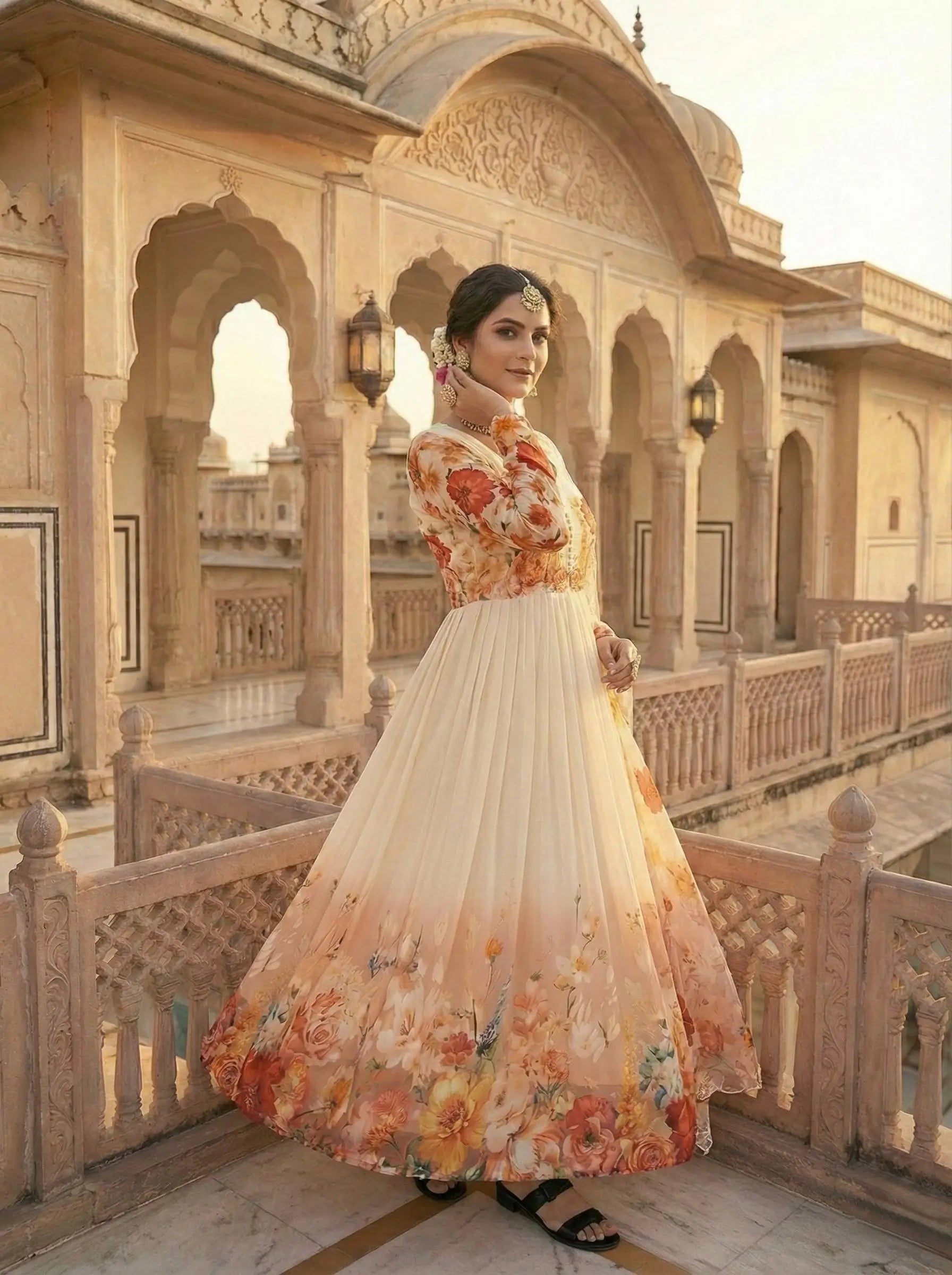 Floral Print Fox Georgette Gown Set with Dupatta and Pant