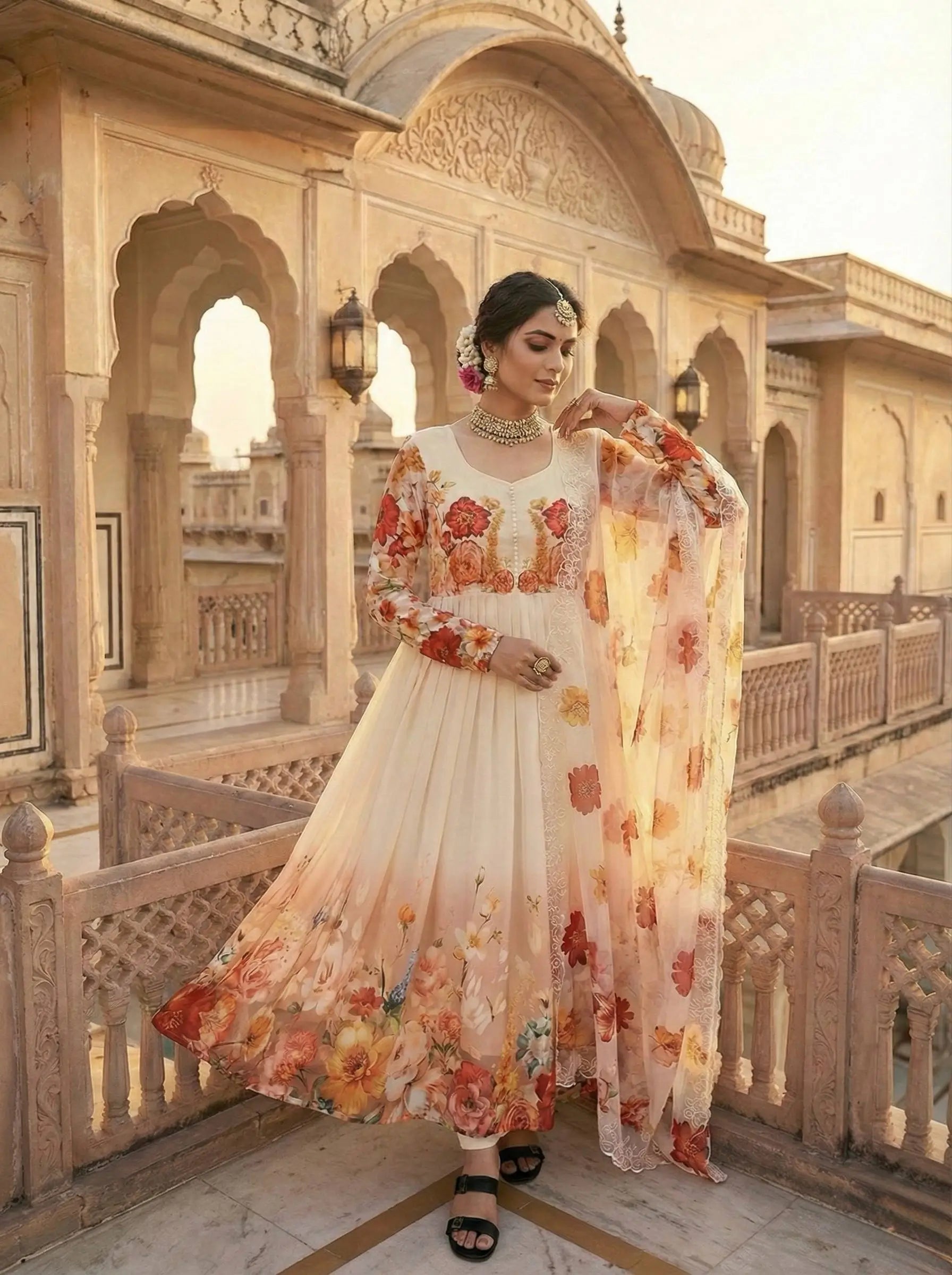 Floral Print Fox Georgette Gown Set with Dupatta and Pant
