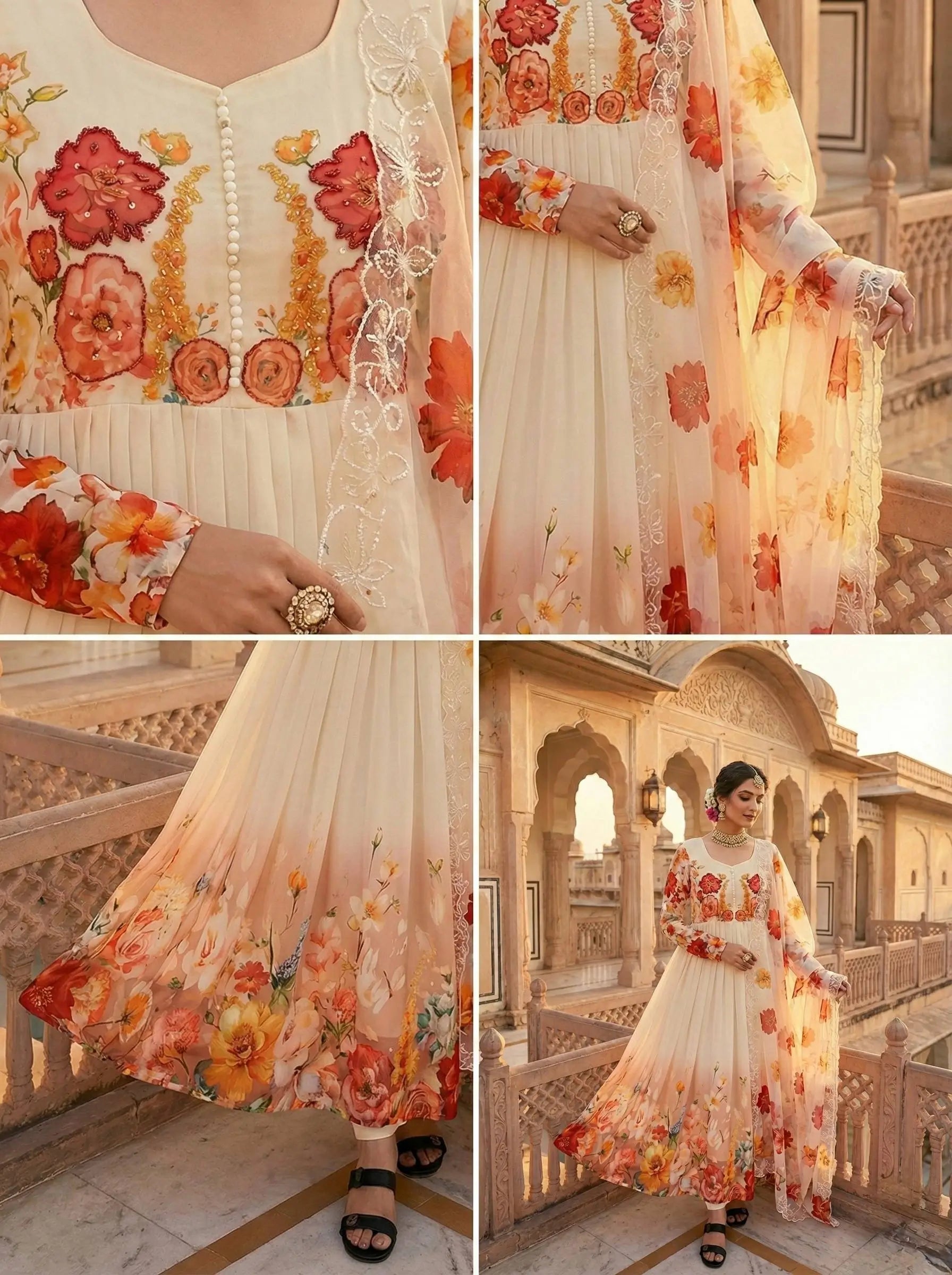 Floral Print Fox Georgette Gown Set with Dupatta and Pant