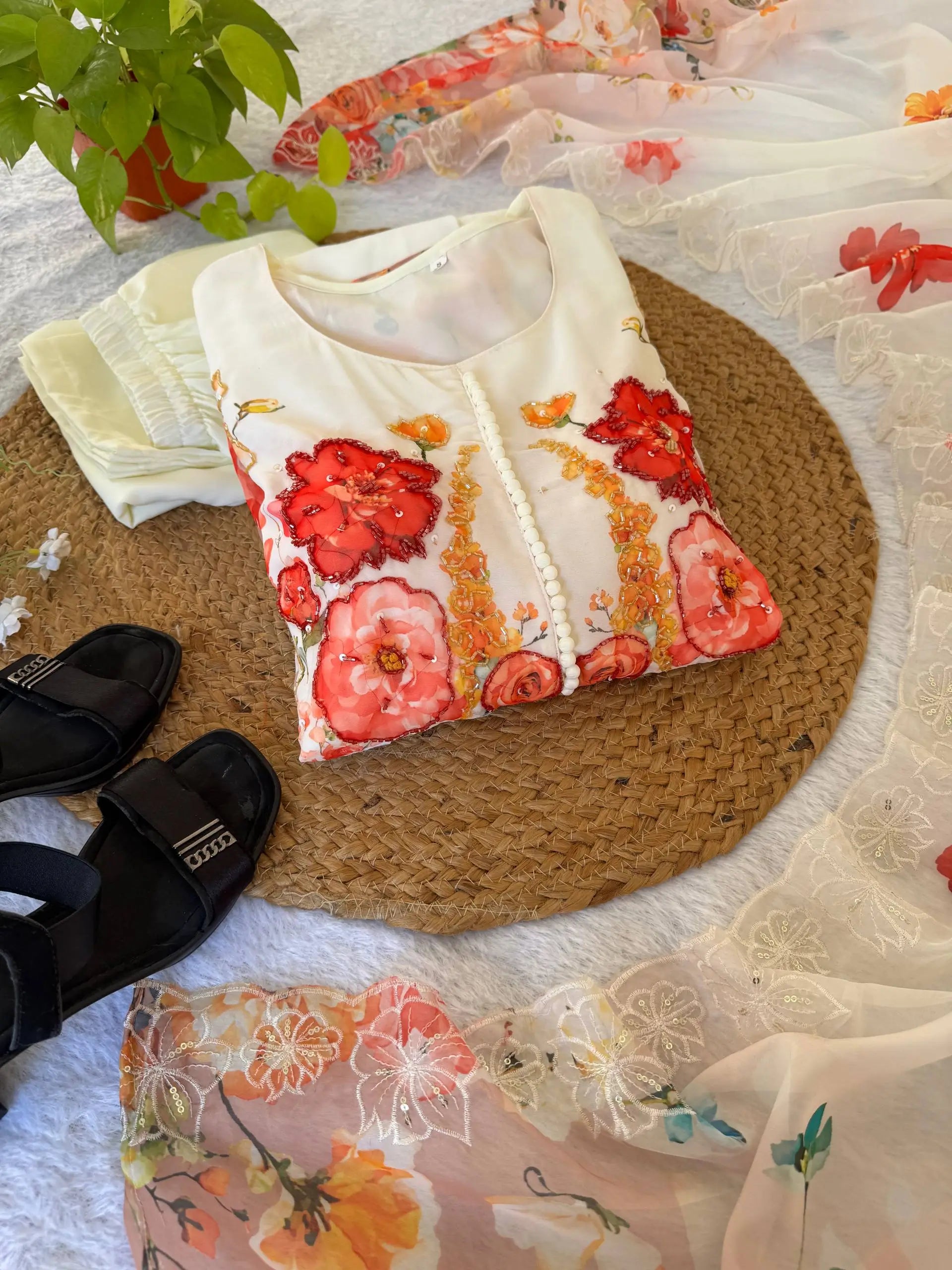 Floral Print Fox Georgette Gown Set with Dupatta and Pant