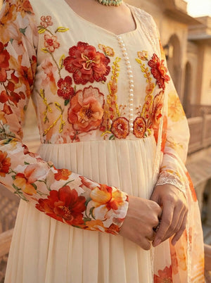 Floral Print Fox Georgette Gown Set with Dupatta and Pant