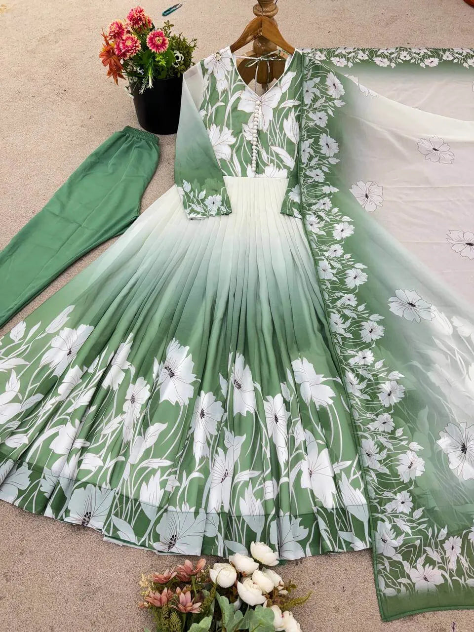 Floral Print Georgette Gown Set with Dupatta