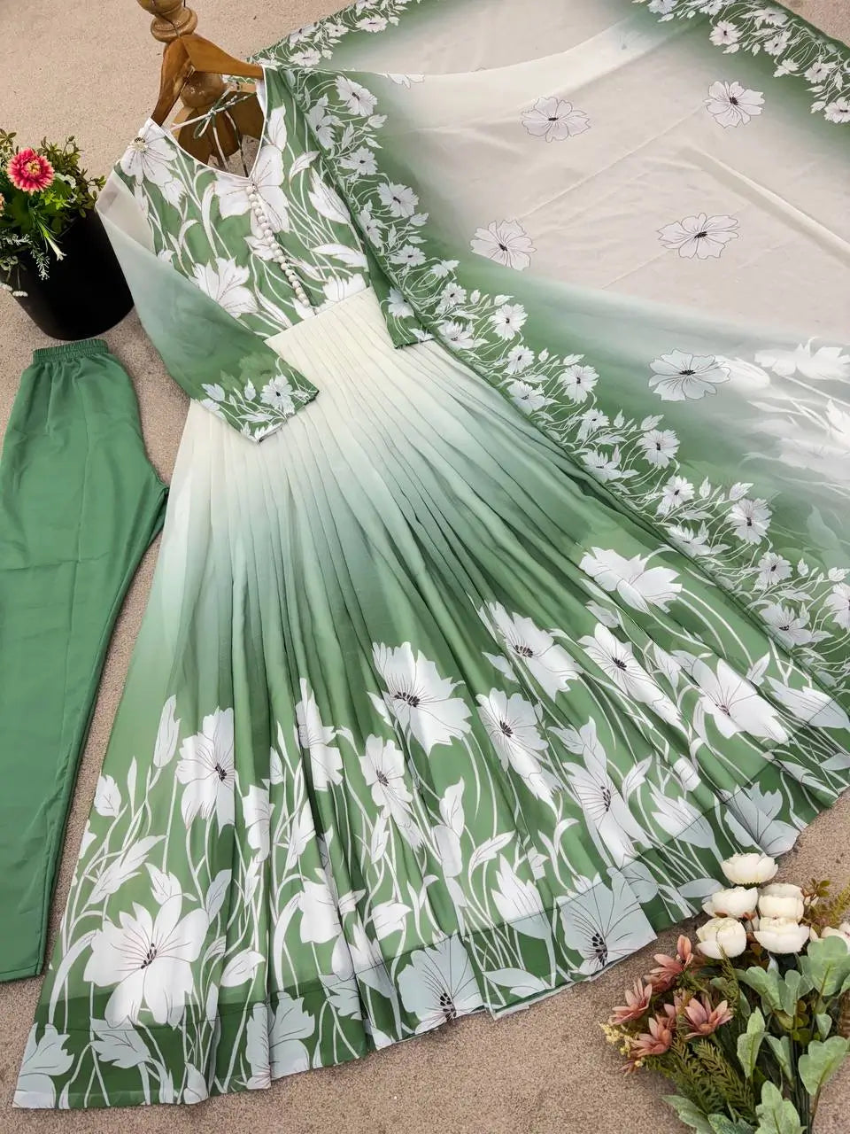 Floral Print Georgette Gown Set with Dupatta