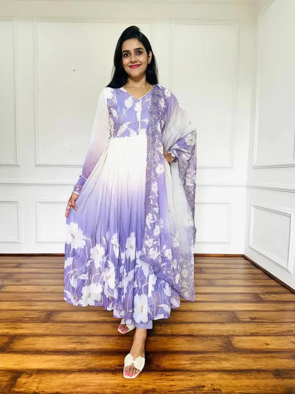 Floral Print Georgette Gown Set with Dupatta