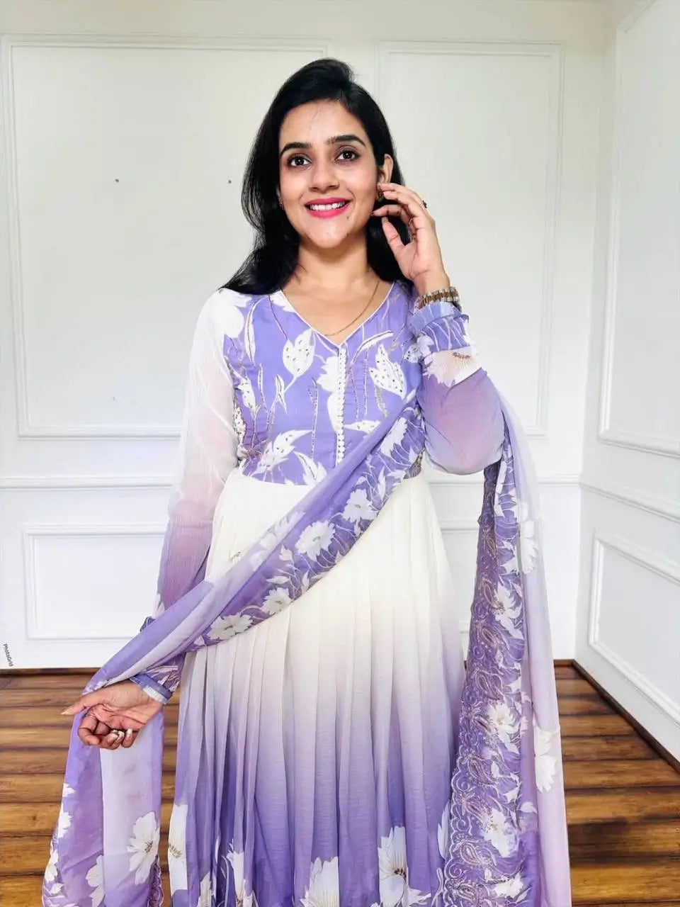 Floral Print Georgette Gown Set with Dupatta