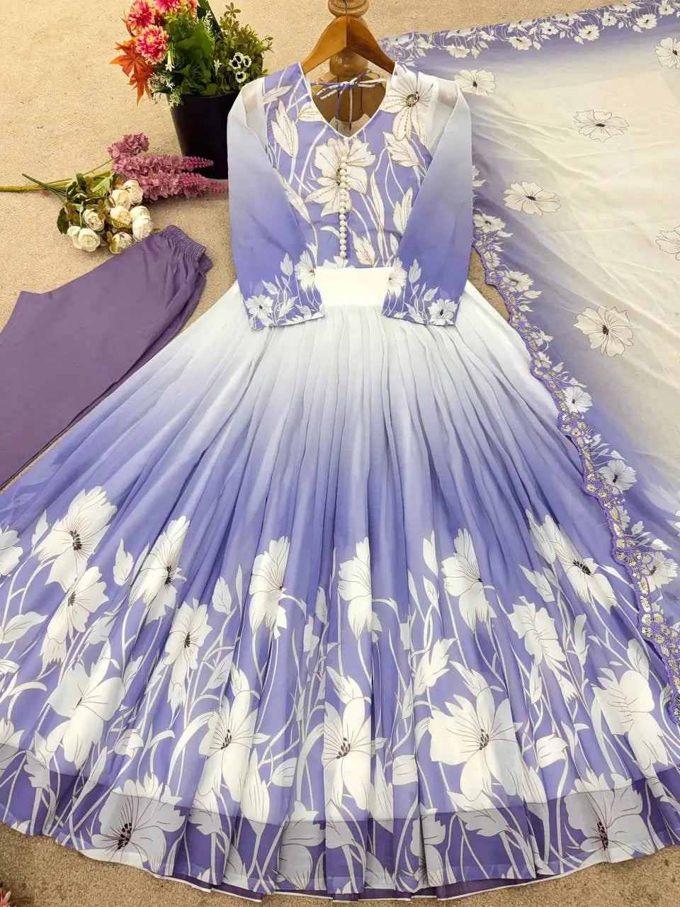 Floral Print Georgette Gown Set with Dupatta