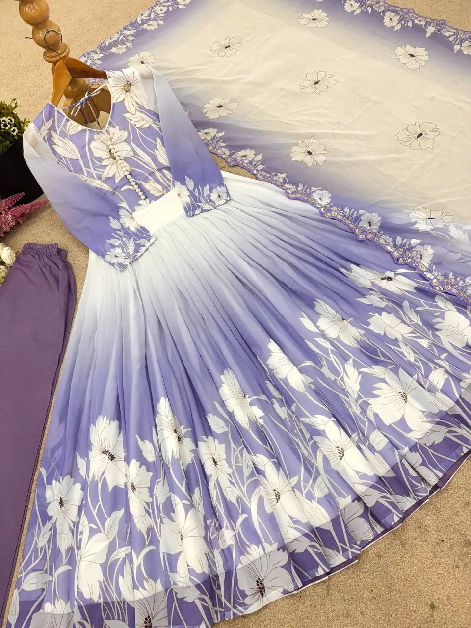 Floral Print Georgette Gown Set with Dupatta