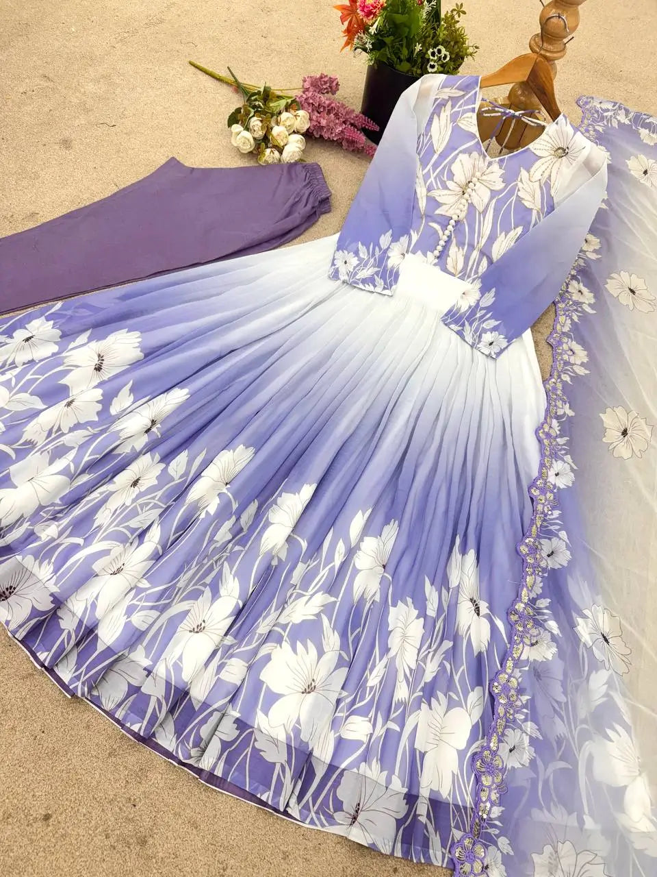 Floral Print Georgette Gown Set with Dupatta
