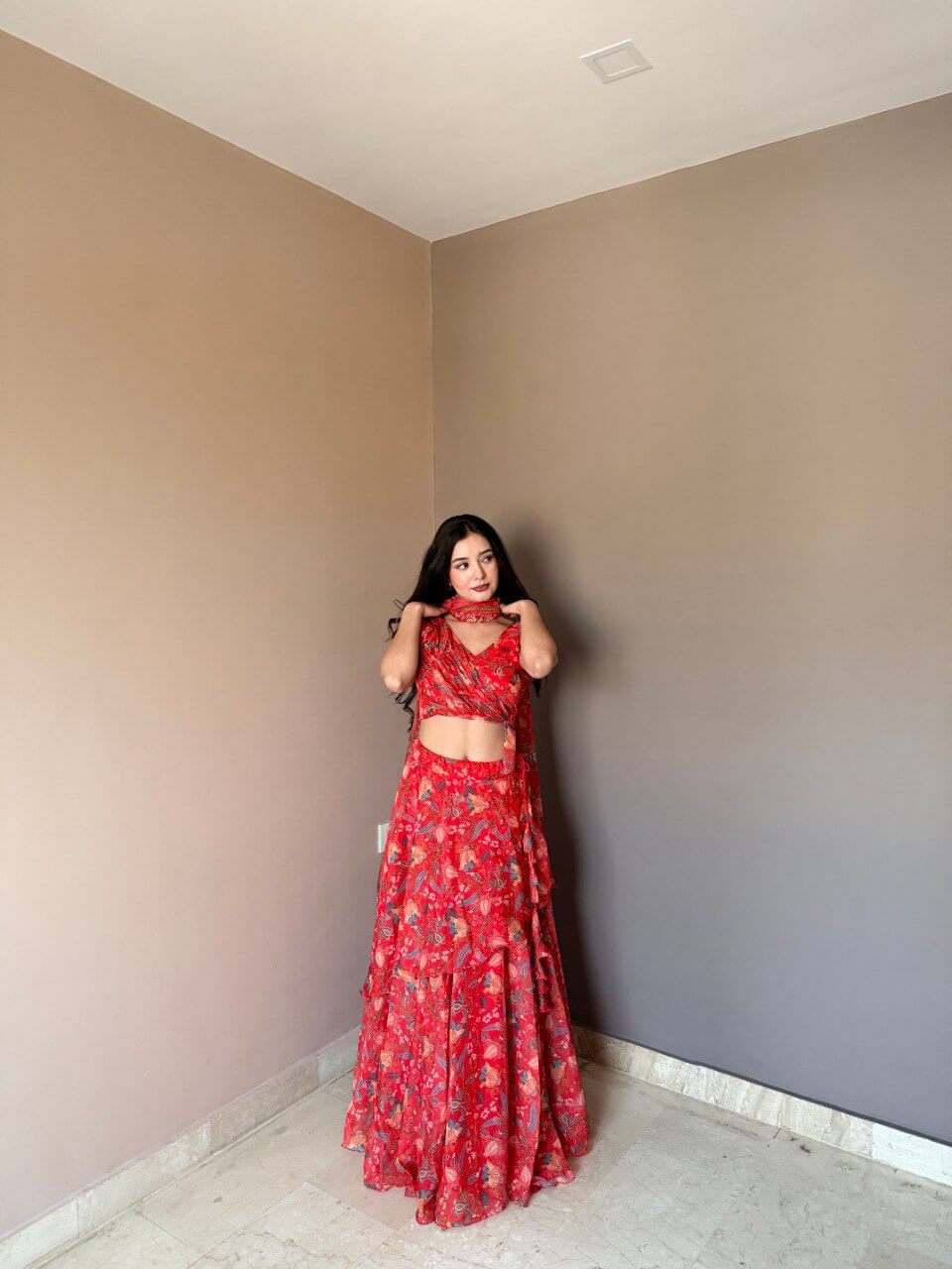 Floral Print Georgette Lehenga Set